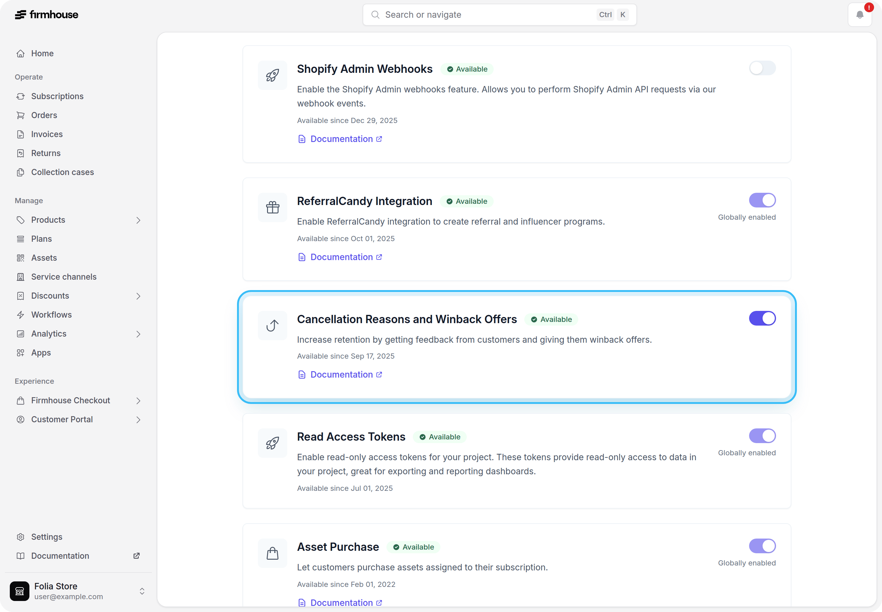 Enable Cancellation Reasons and Winback Offers in New Features