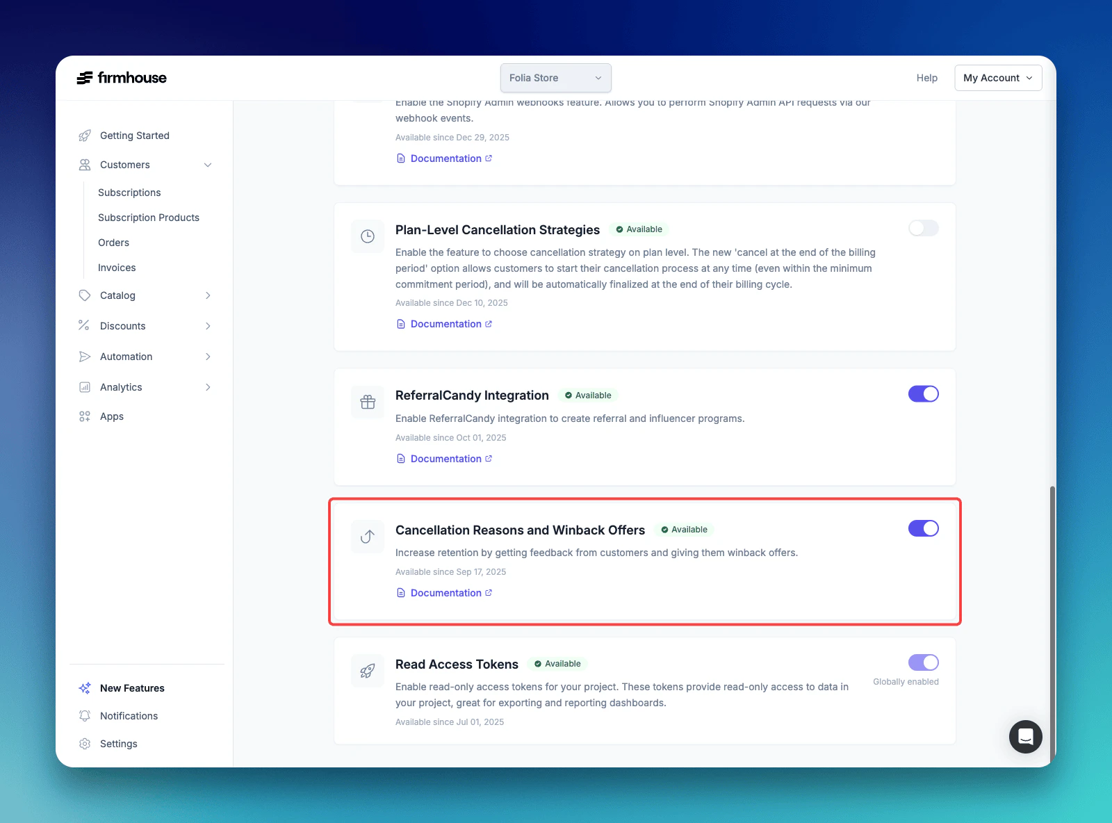 Enable Cancellation Reasons and Winback Offers in New Features
