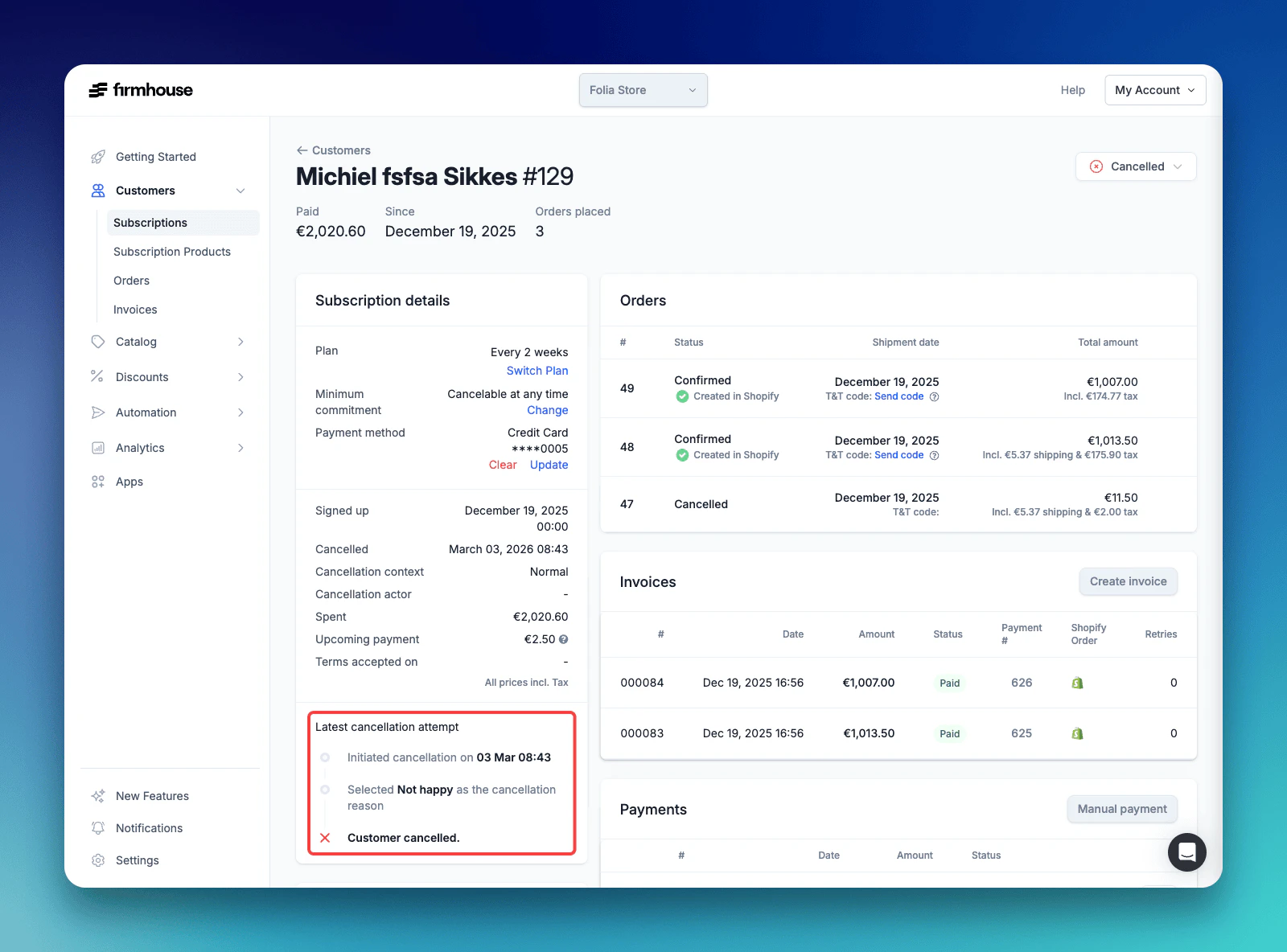 Customer cancellation feedback on detail page