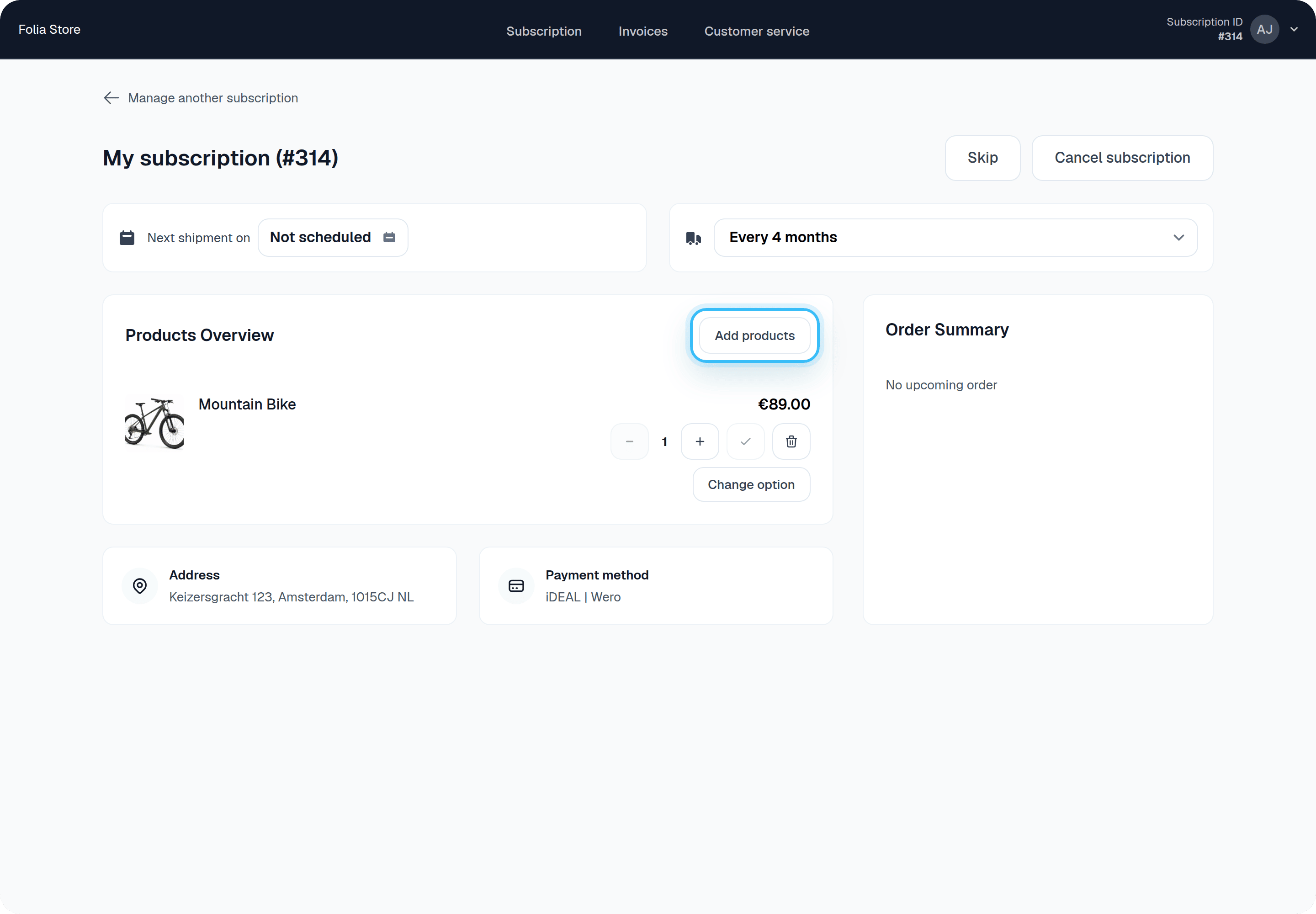 Customer view with add product button