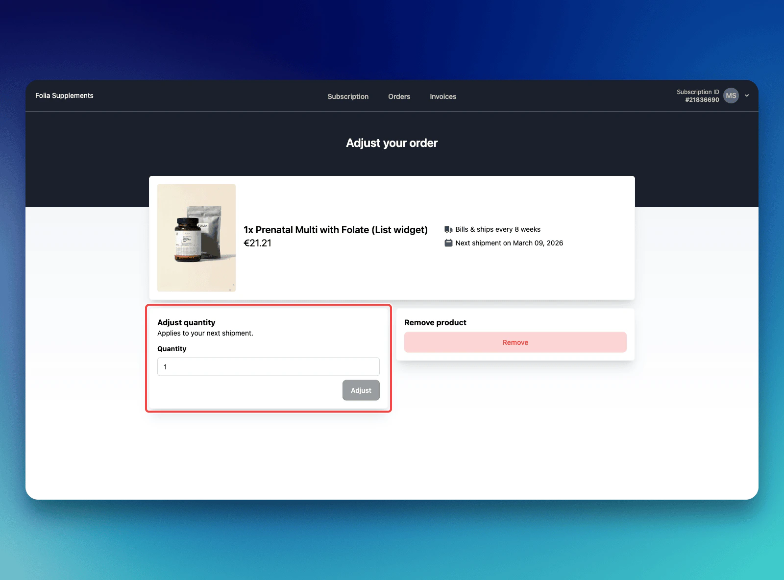 Adjust quantity widget
