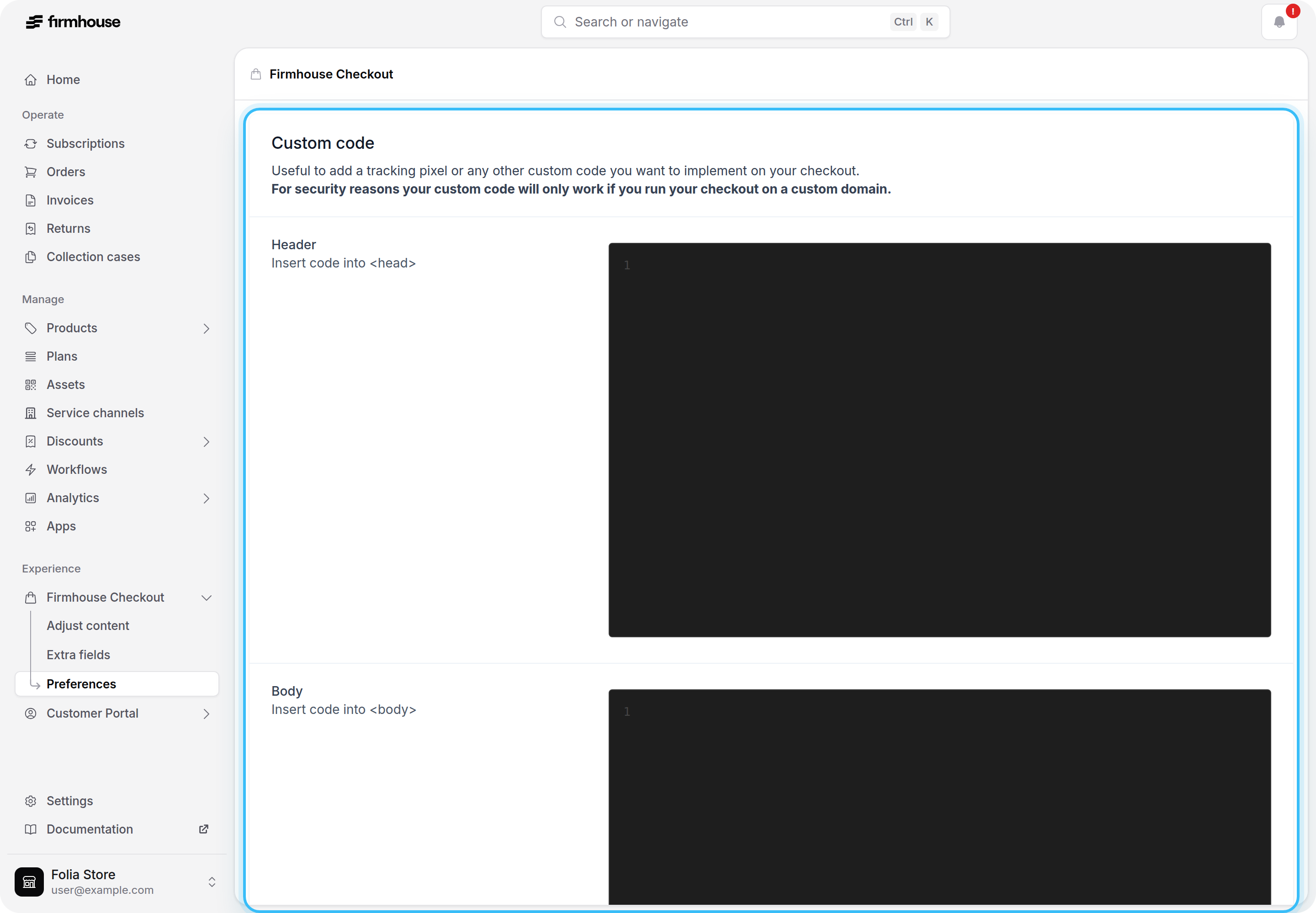 Checkout preferences with header and body fields
