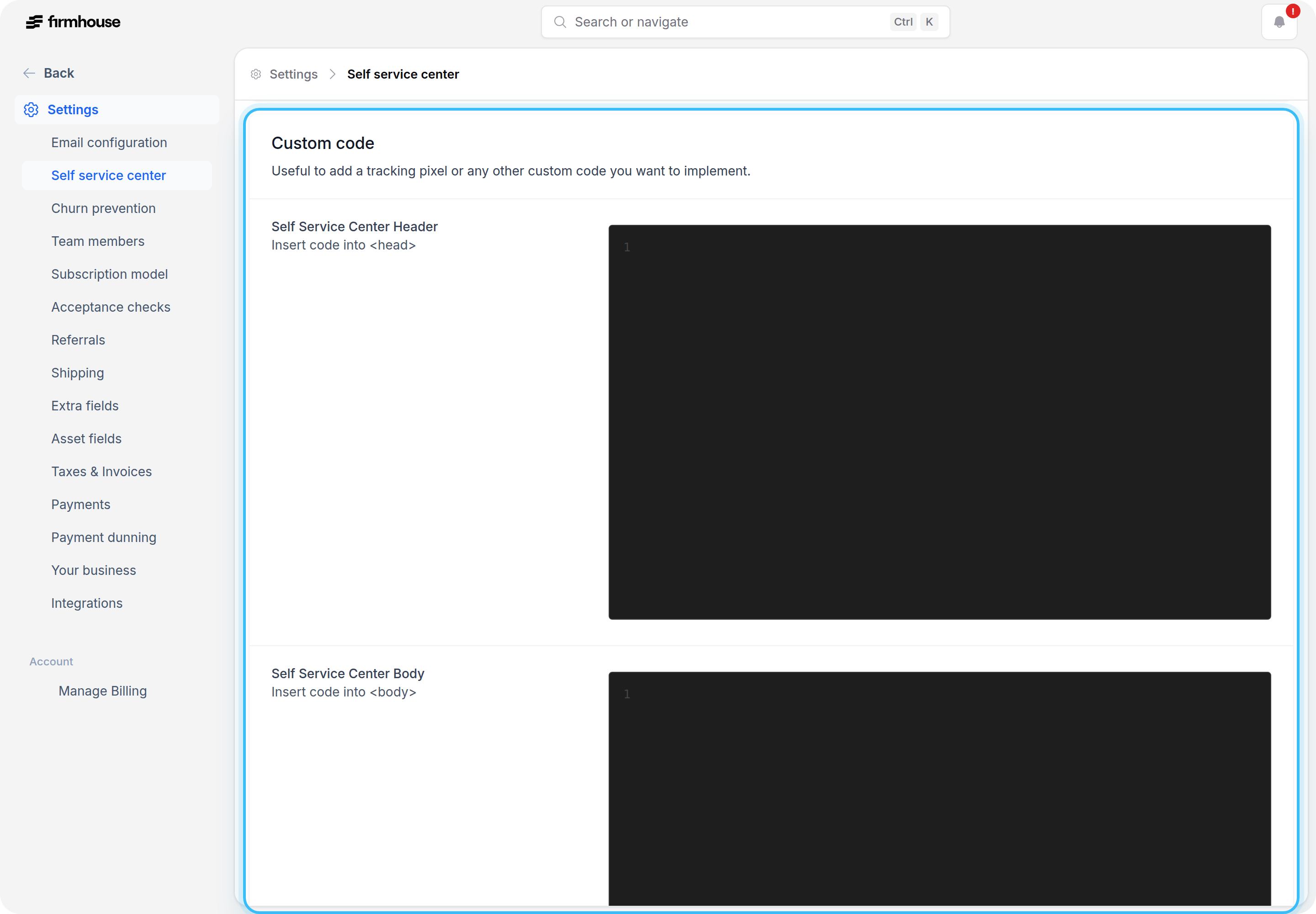 Self Service Center custom code fields