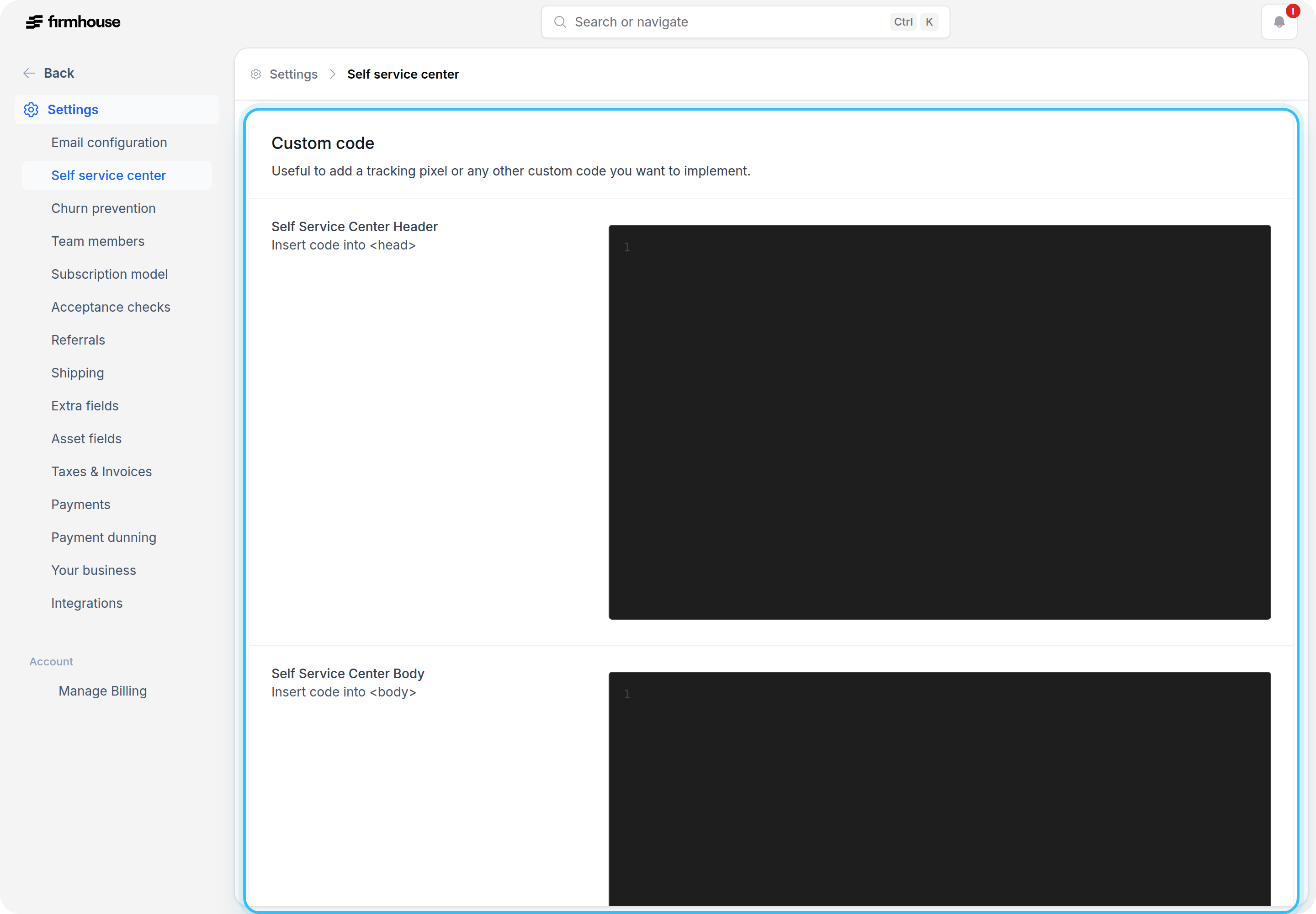 Self Service Center custom code fields