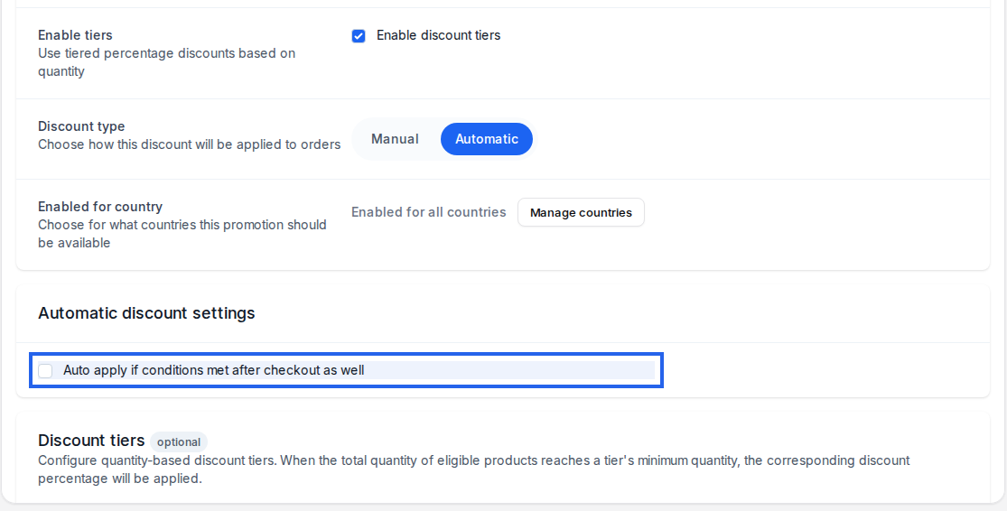 Automatic tiered discount settings with the post-checkout auto-apply option highlighted