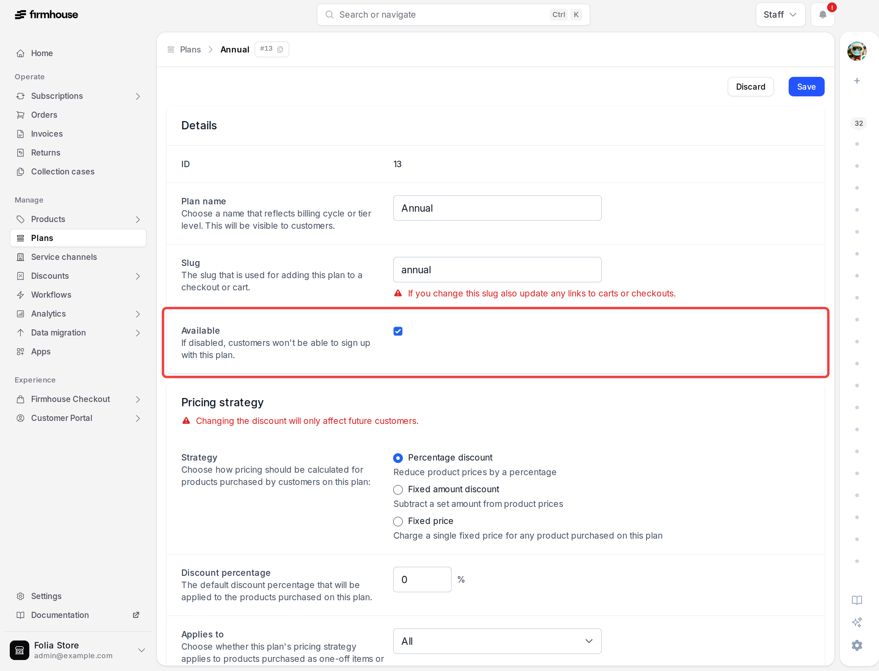 Plan settings with the Available control highlighted