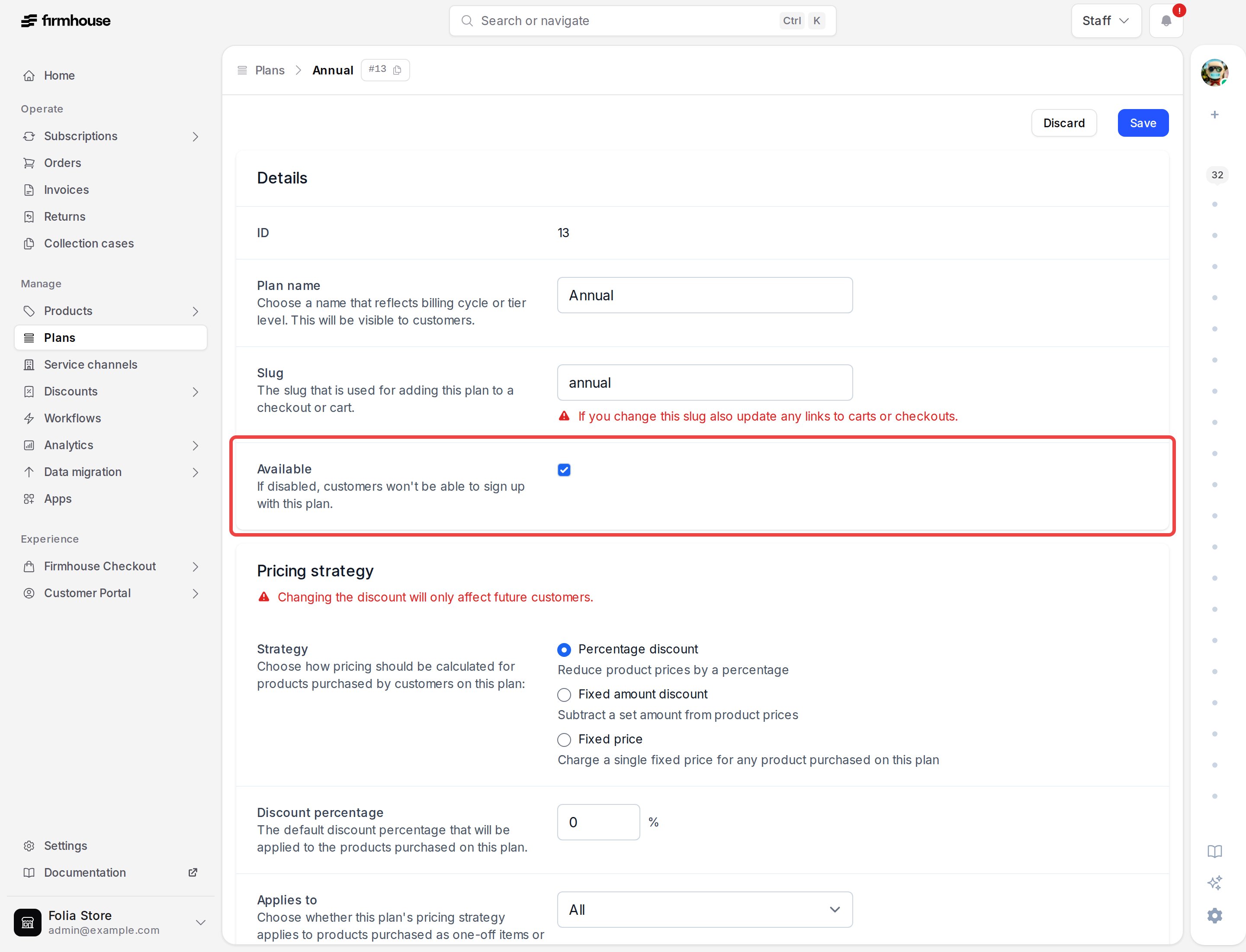 Plan settings with the Available control highlighted
