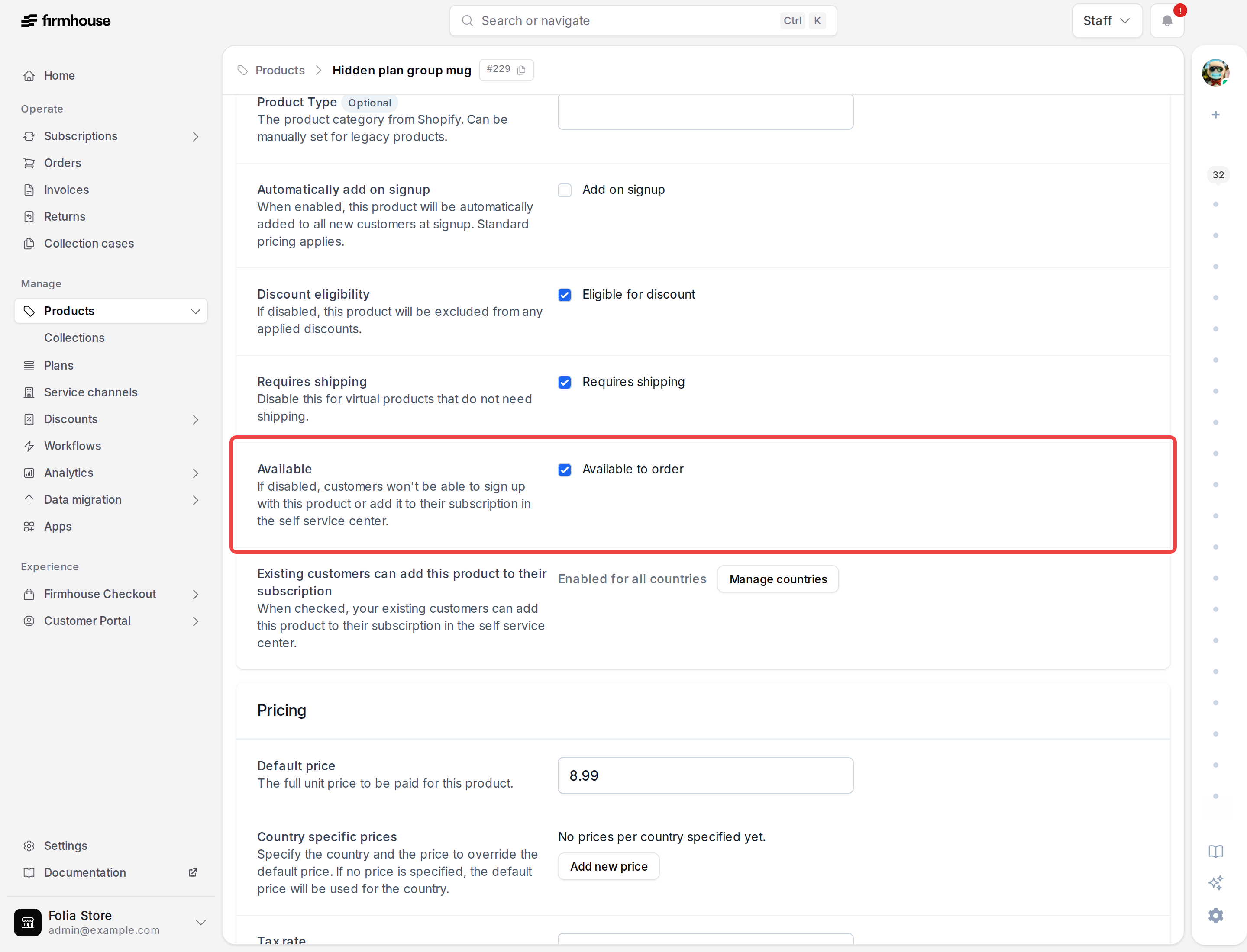 Product settings with the Available to order control highlighted