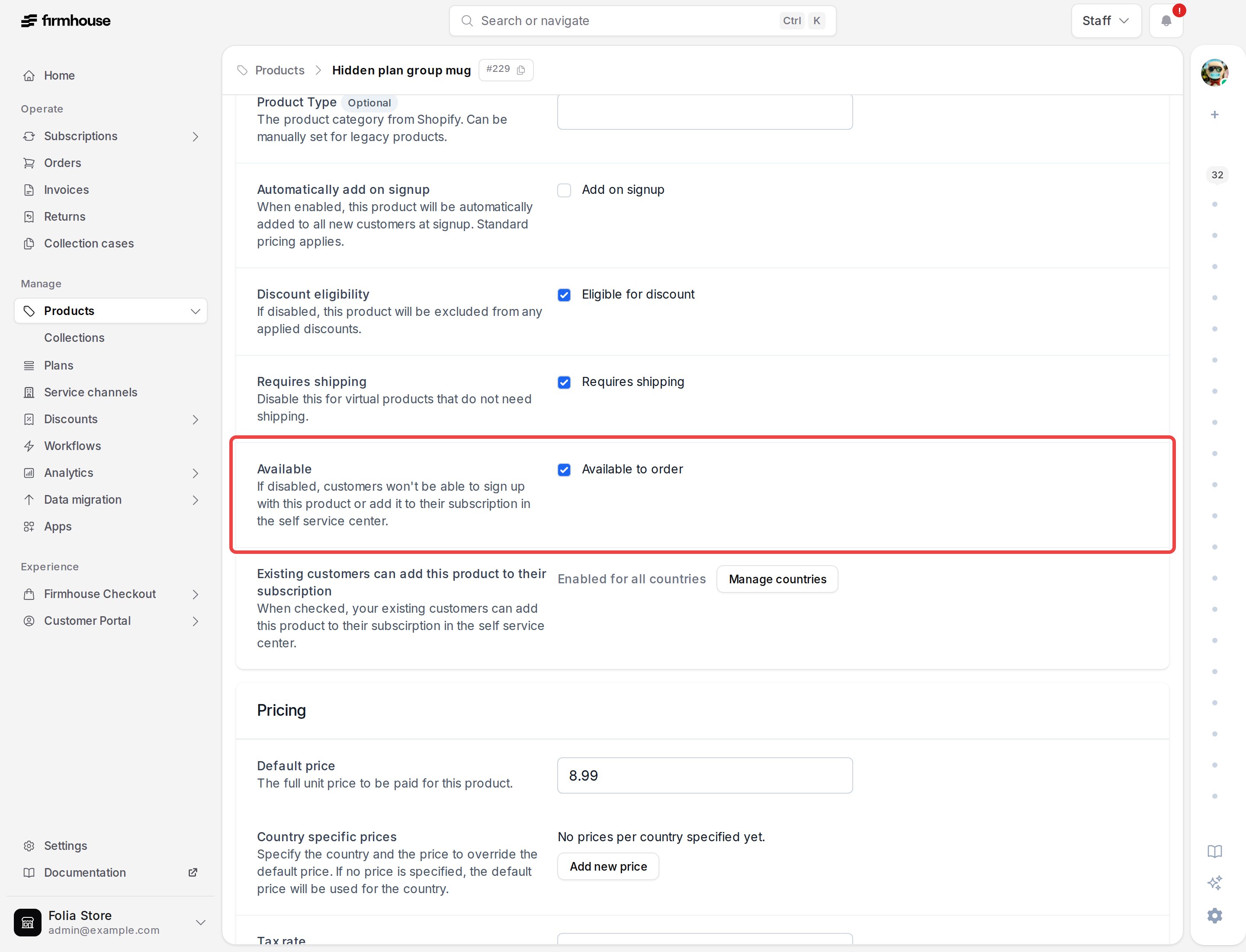 Product settings with the Available to order control highlighted