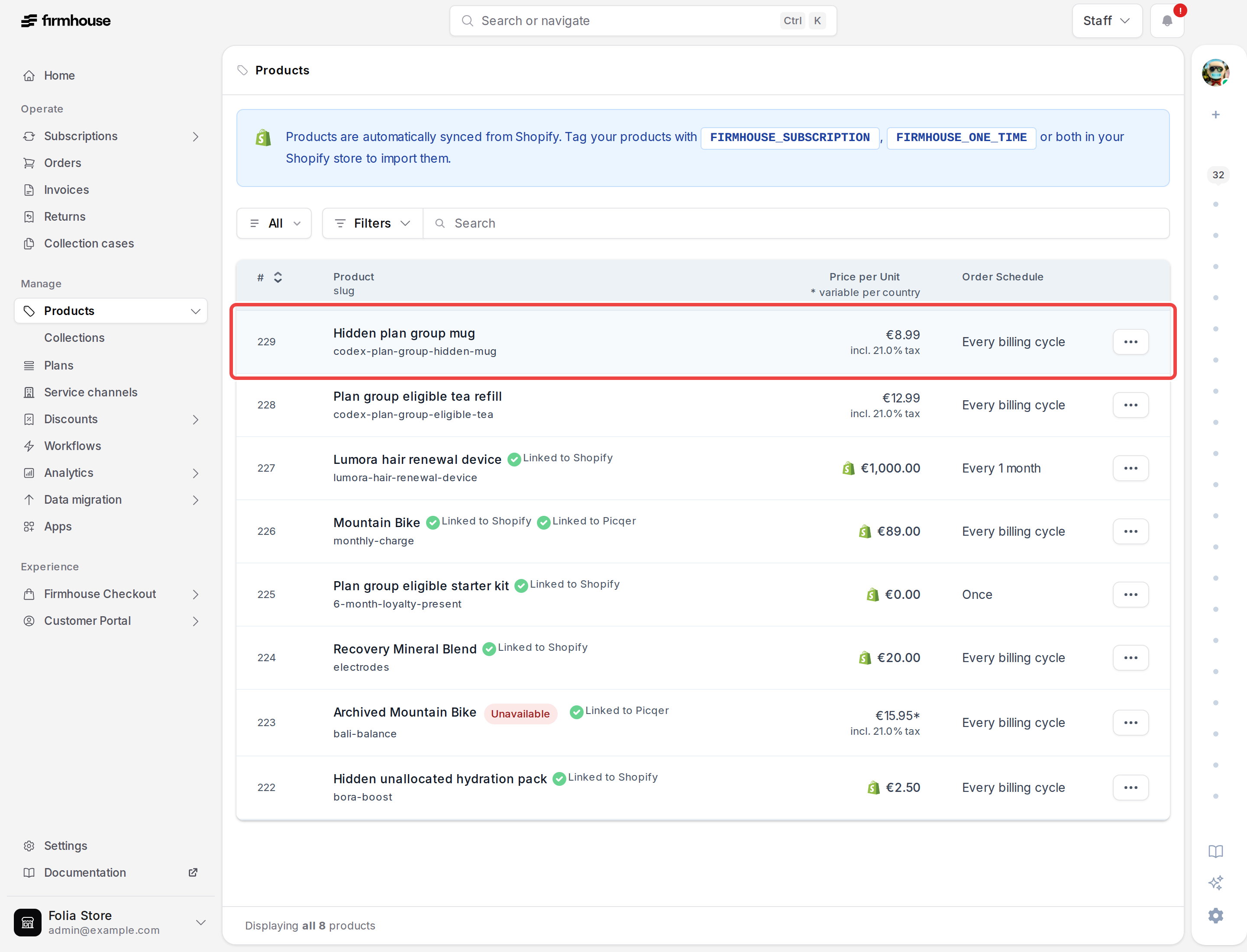 Products overview with a Firmhouse-managed product row highlighted