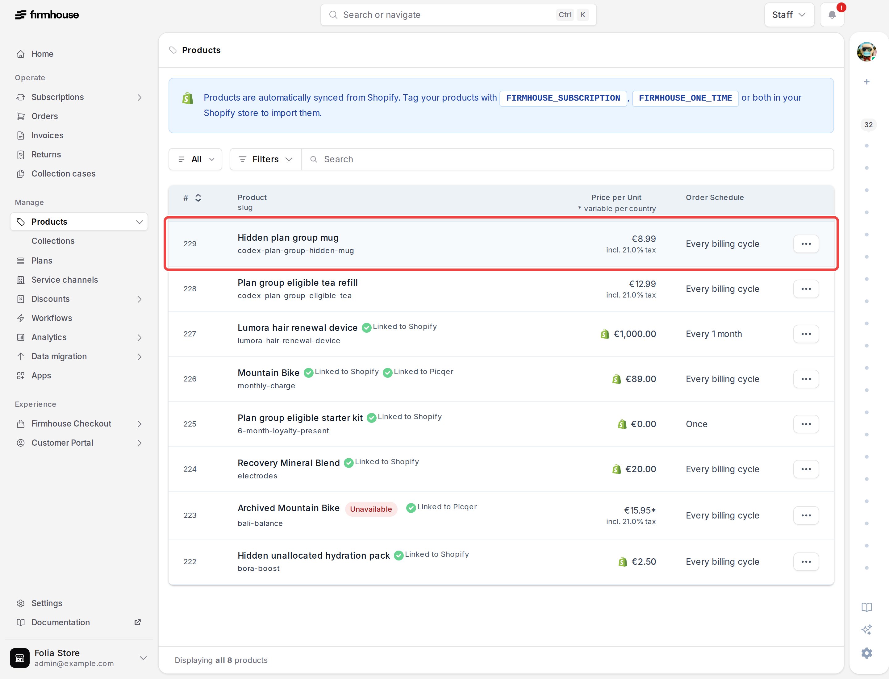 Products overview with a Firmhouse-managed product row highlighted