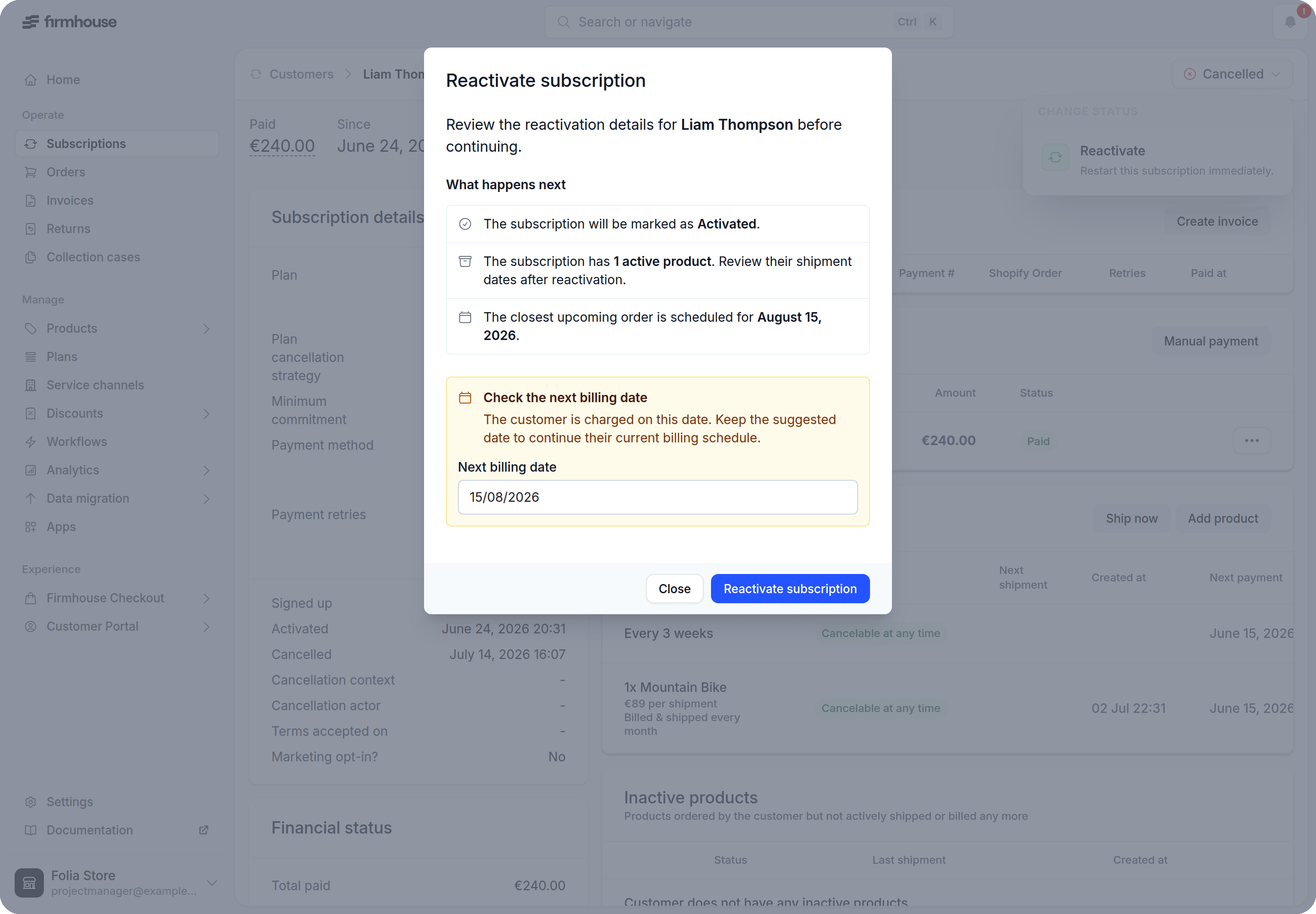 Reactivate subscription review modal showing reactivation effects and the next billing date