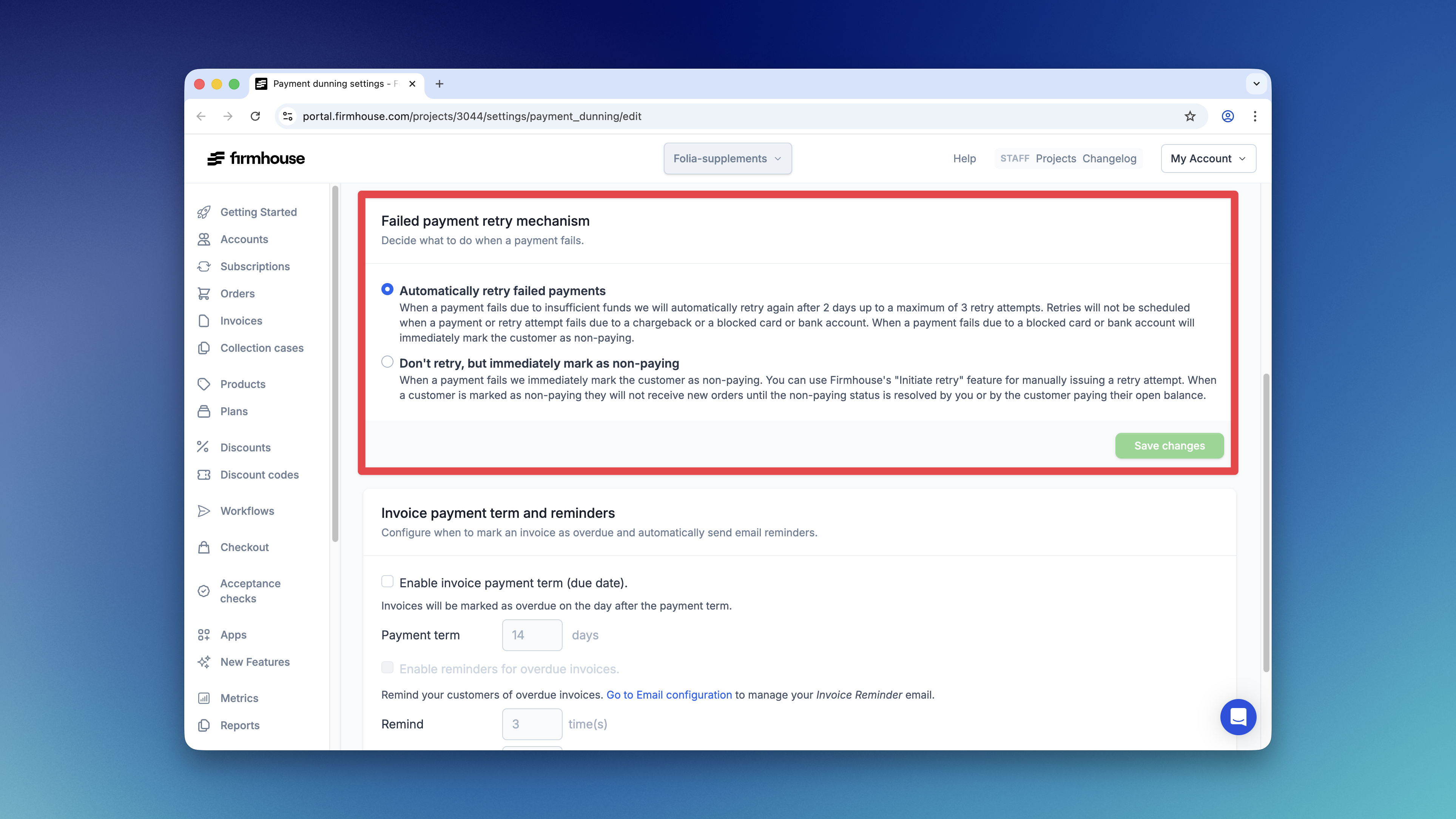 Failed Payment Retry Settings