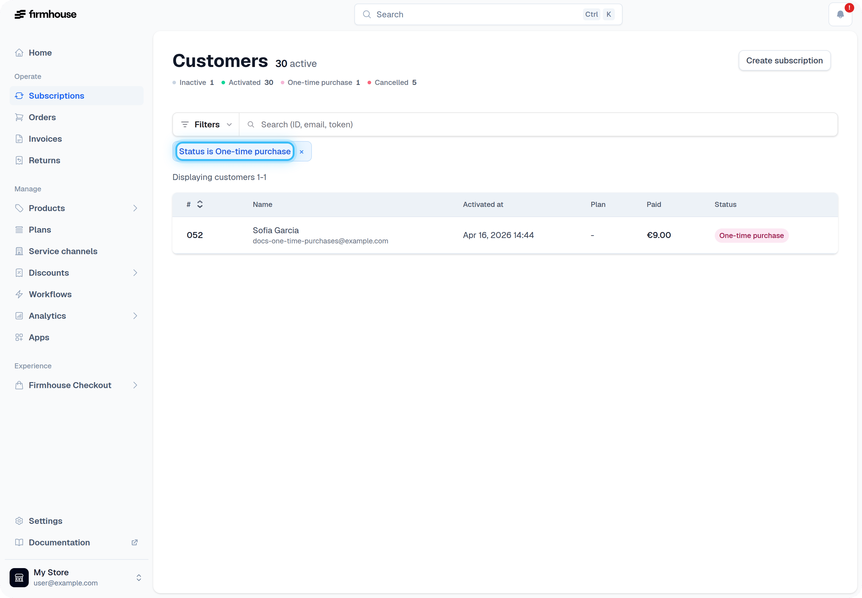 Customers list with One-time purchase status filter