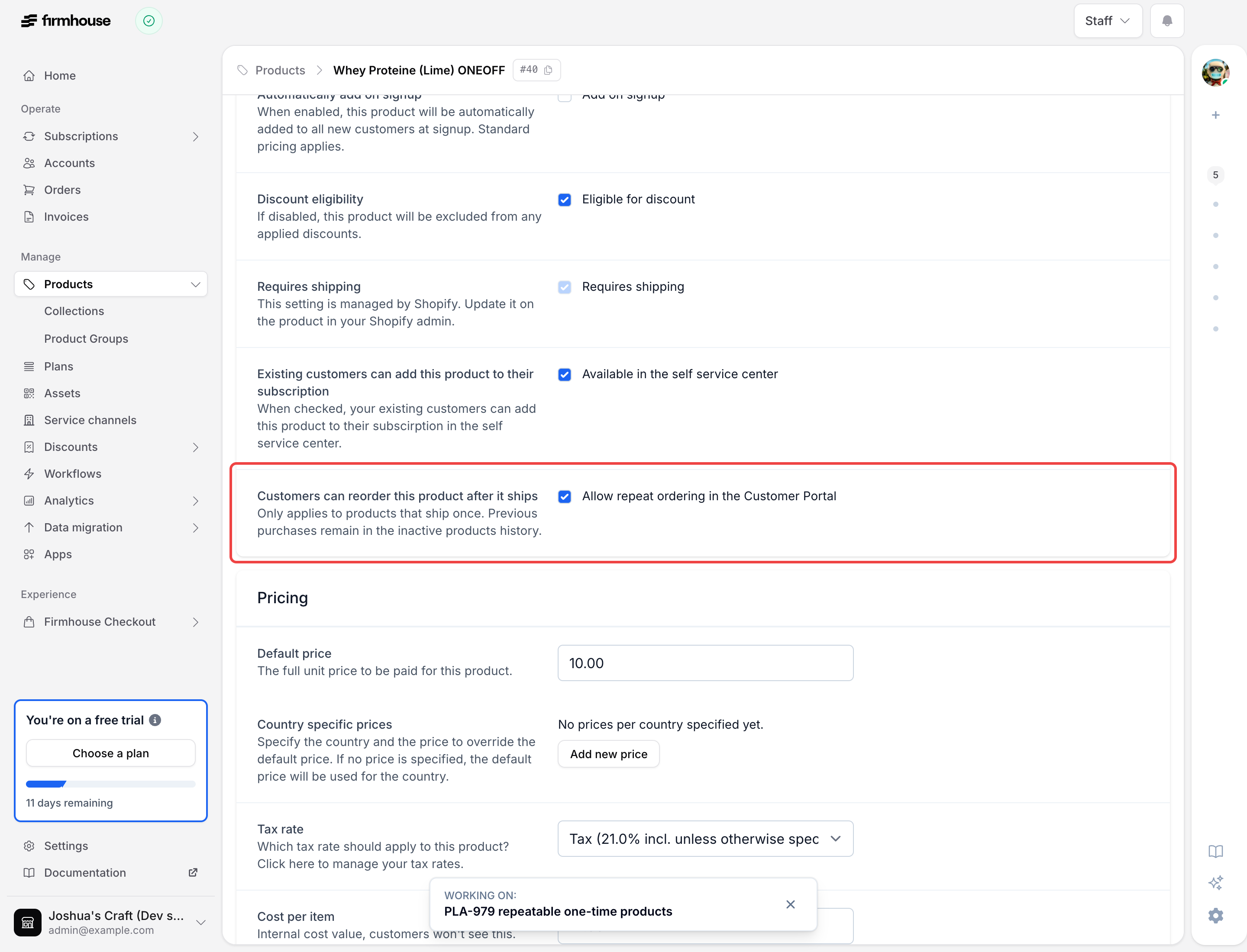 Repeat ordering setting on a one-time product