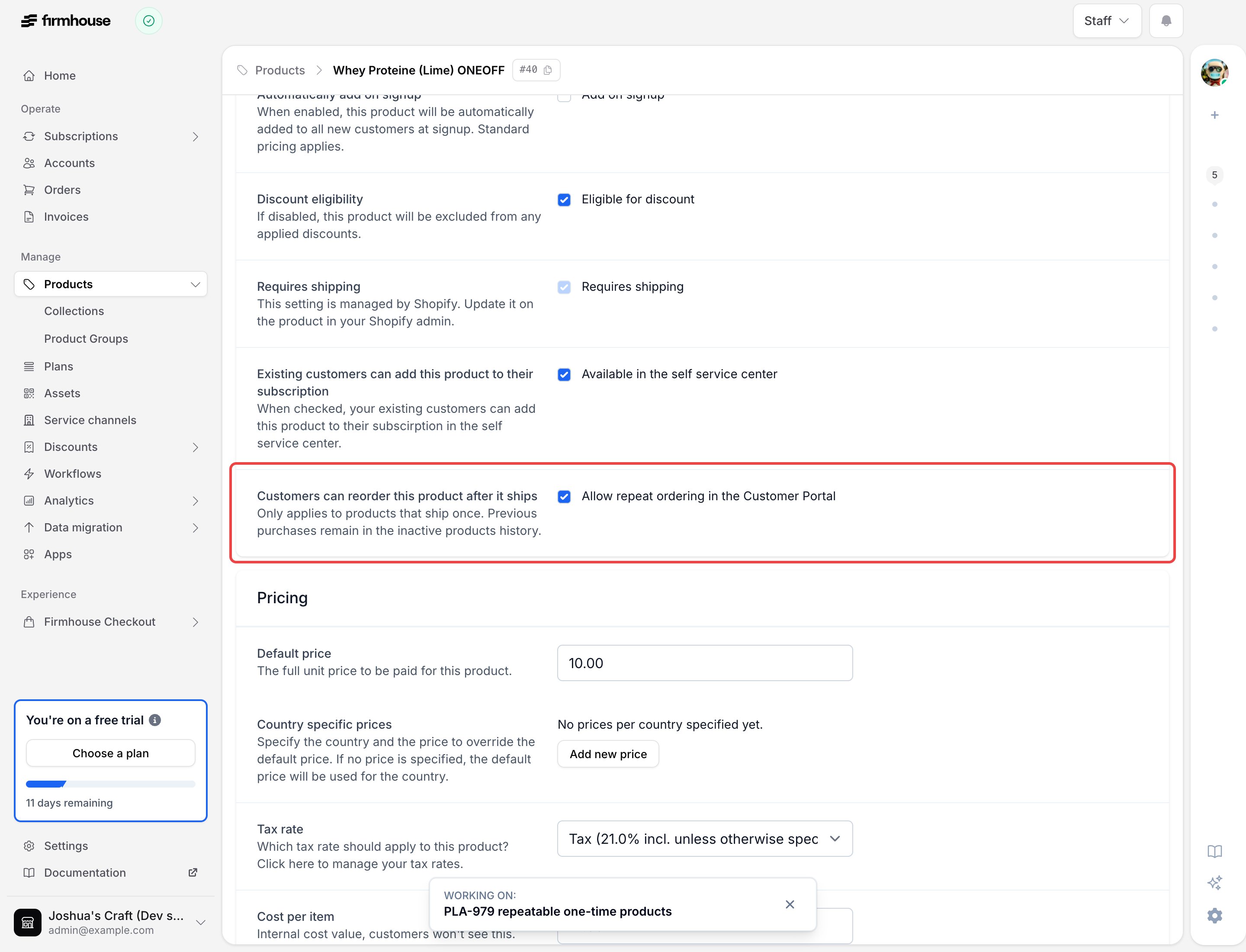 Repeat ordering setting on a one-time product