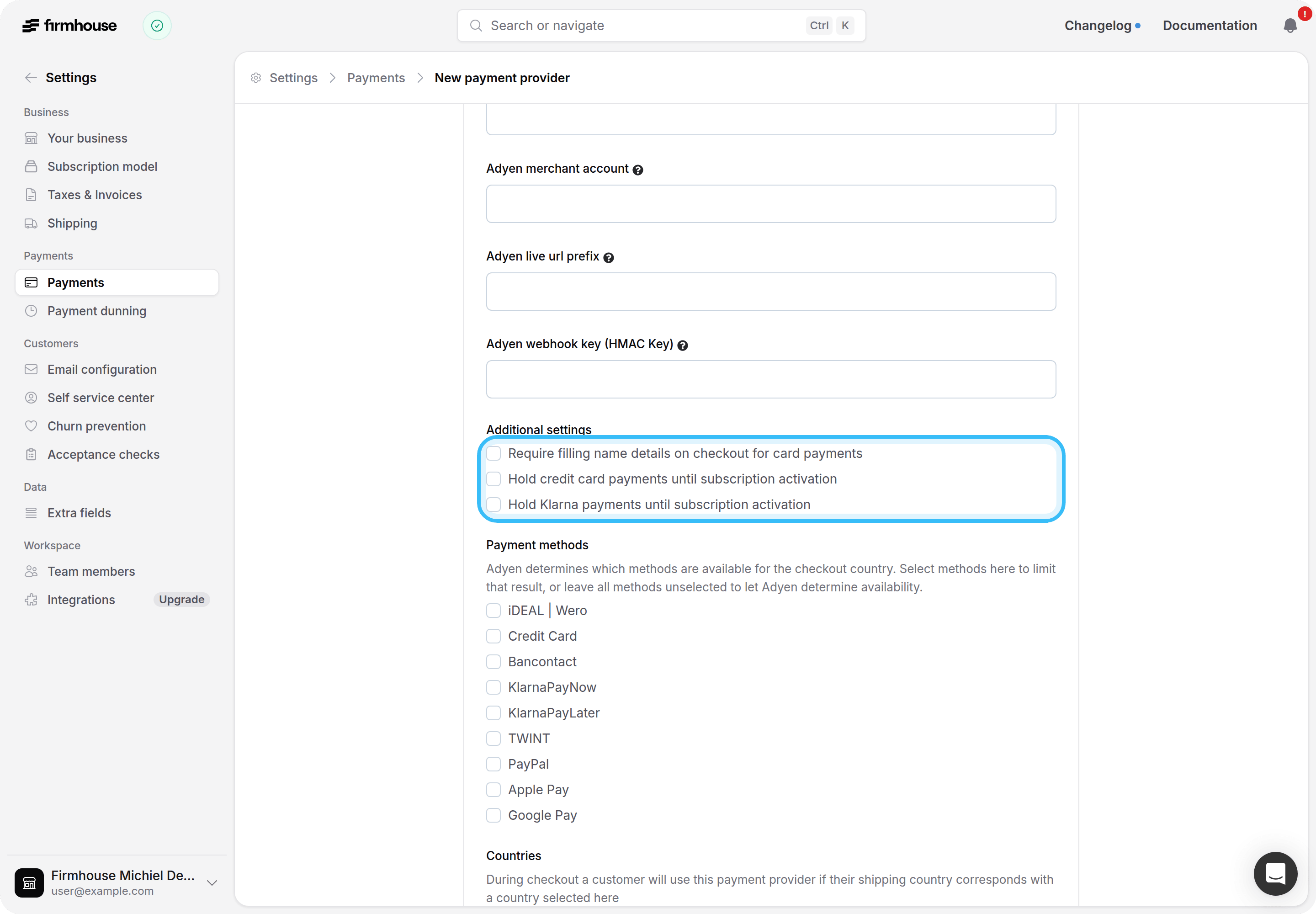 Adyen payment provider form with credit card and Klarna capture timing settings highlighted