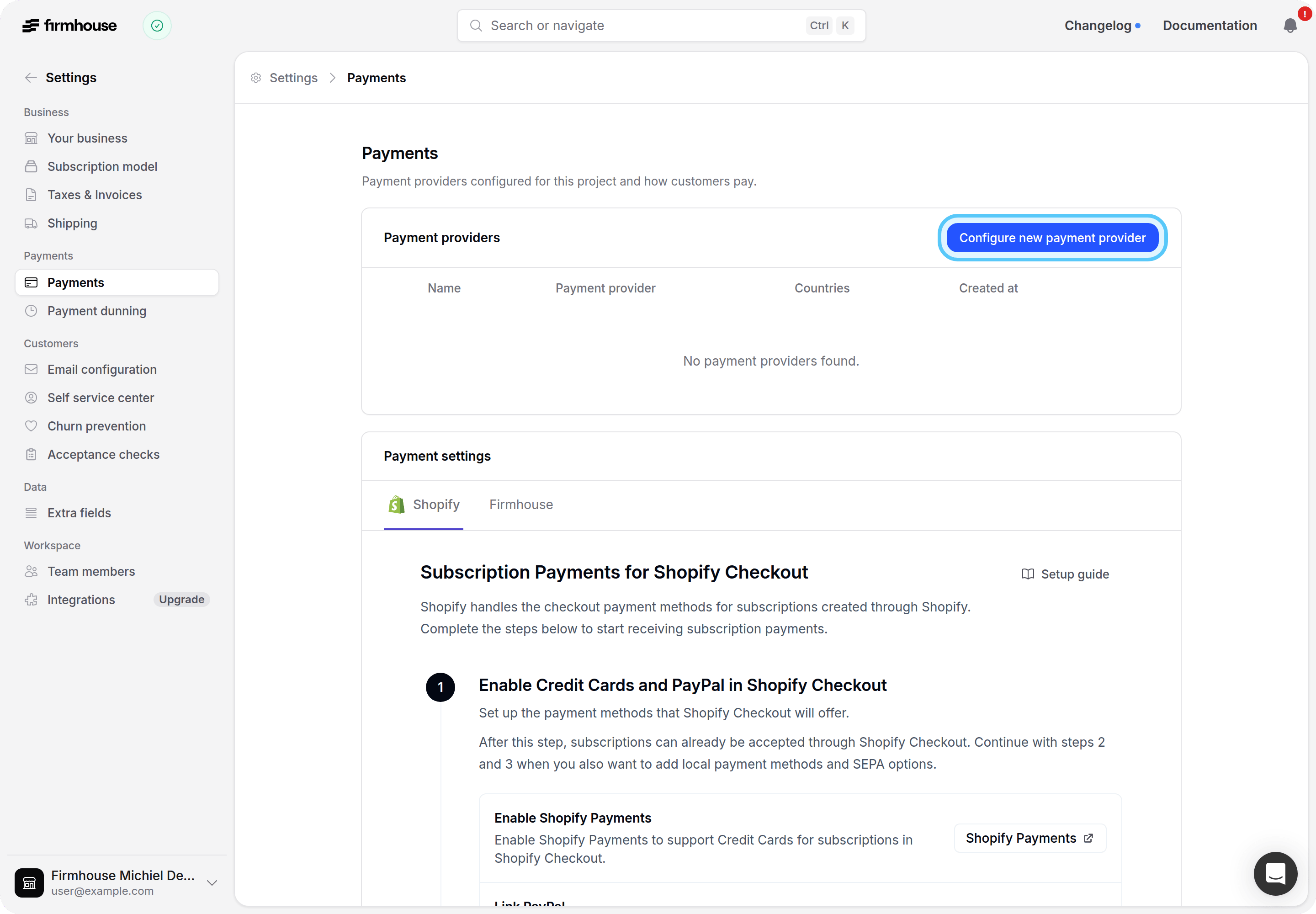 Payments page with Configure new payment provider highlighted