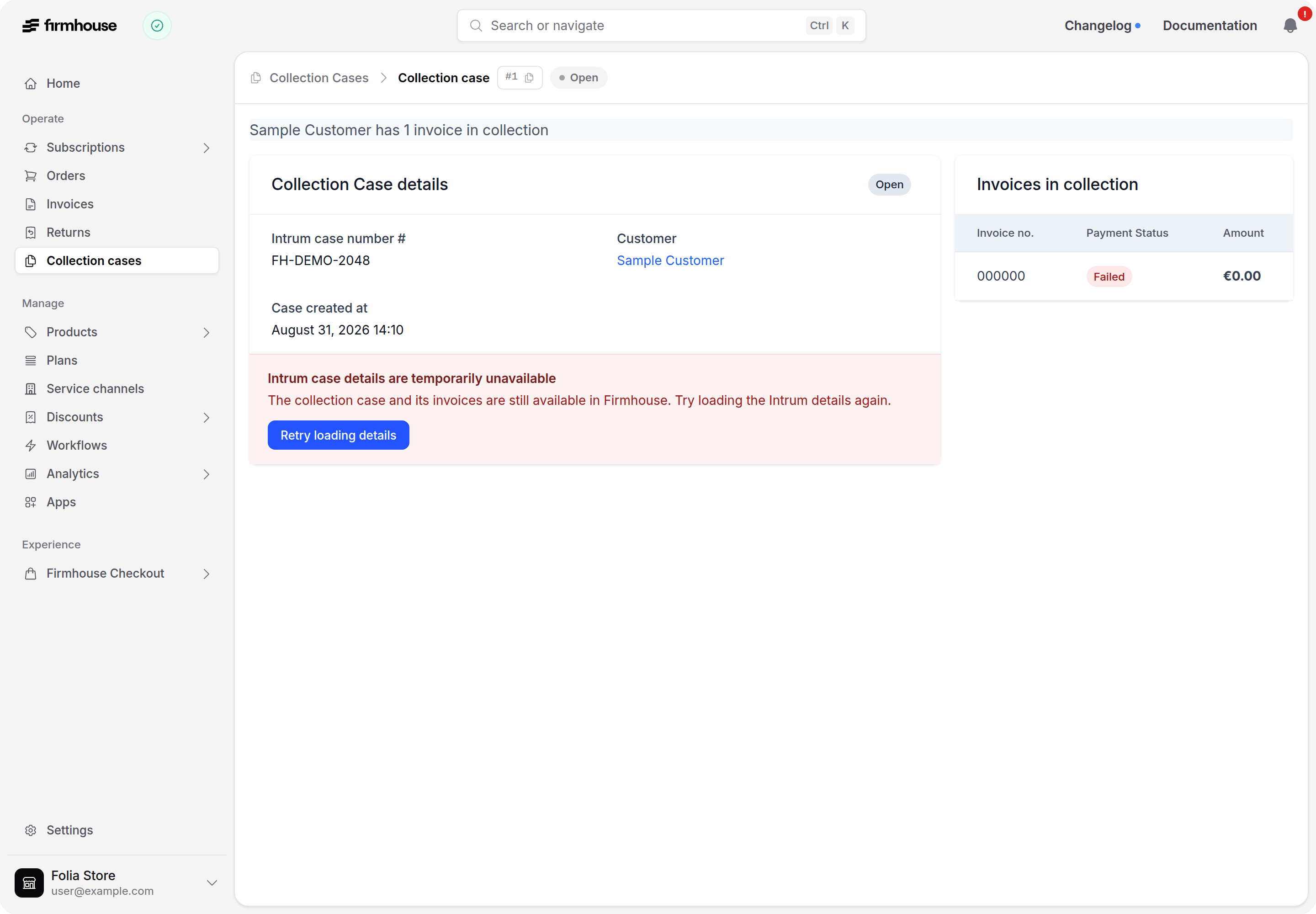 Collection case page showing the Intrum retry notice while local case details and invoices remain visible