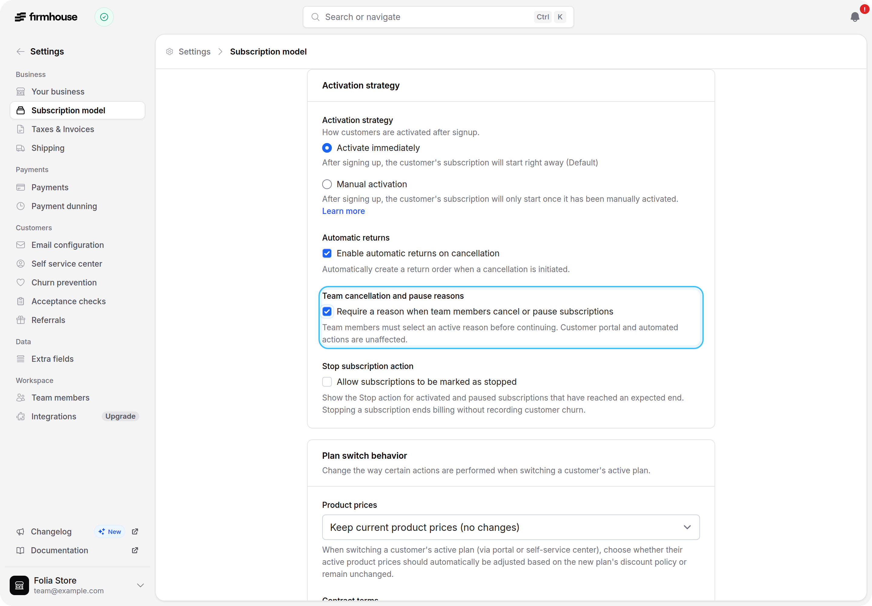 Subscription model settings with Require a reason when team members cancel or pause subscriptions checked and highlighted