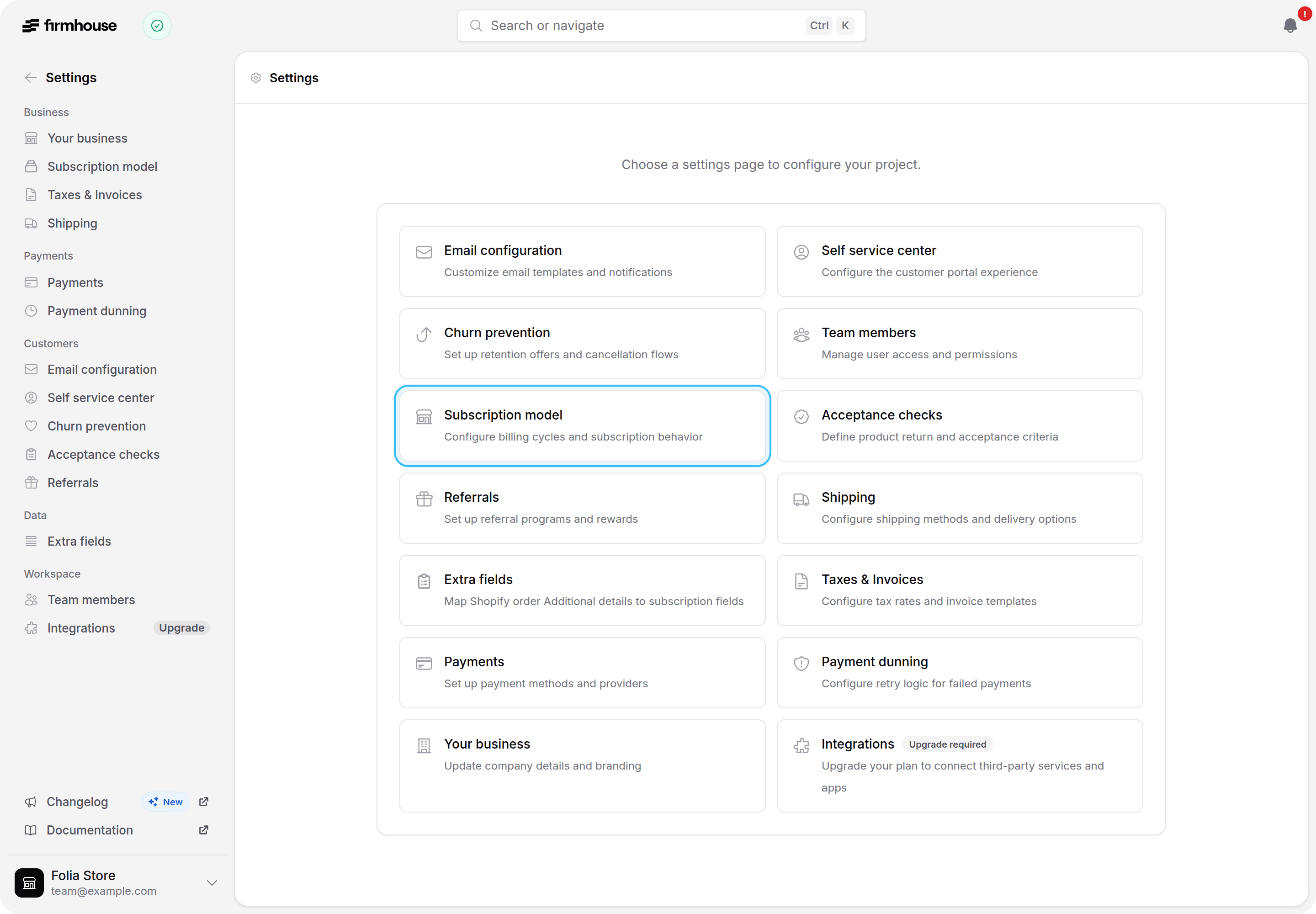 Settings page with the Subscription model card highlighted
