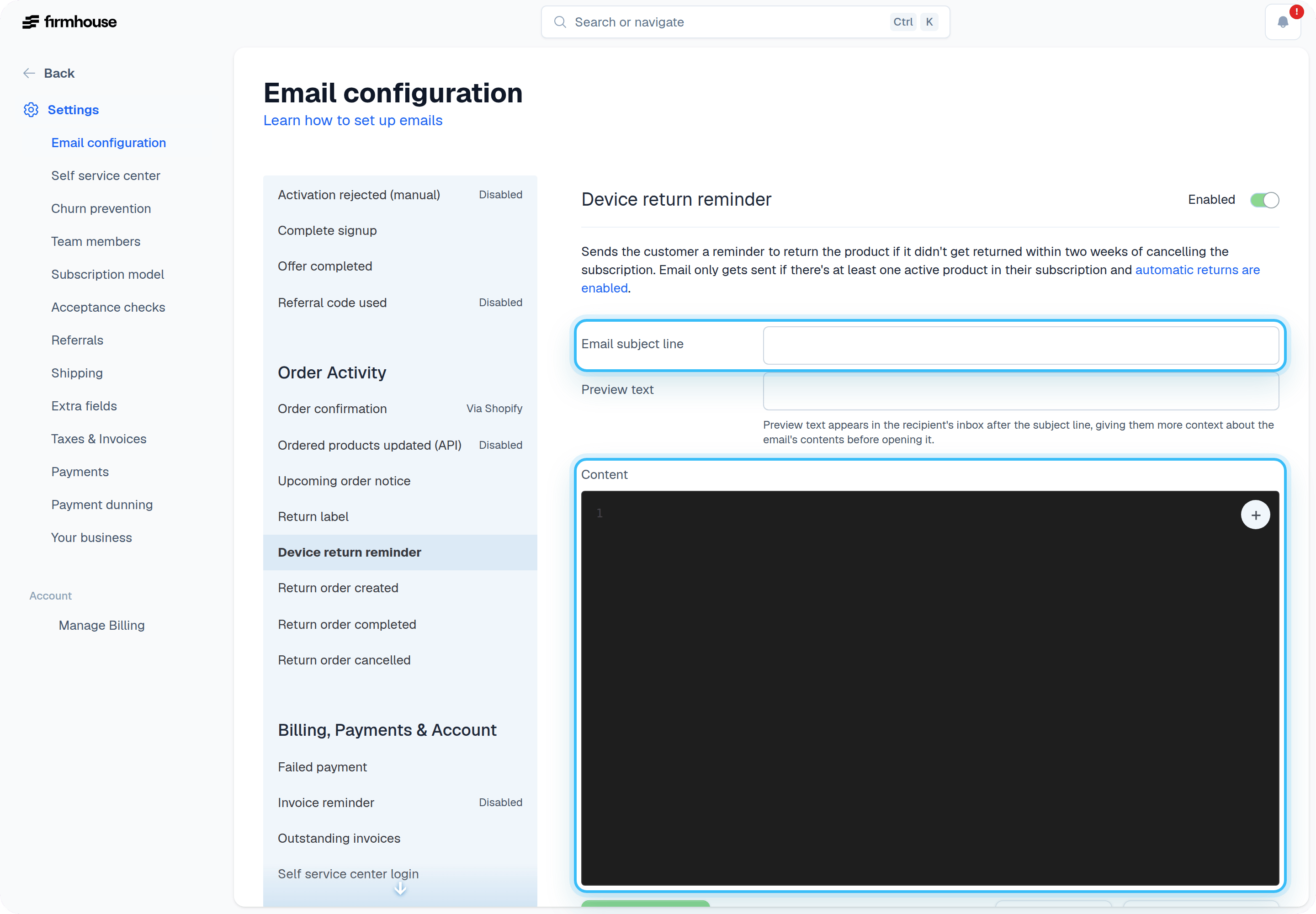 Email configuration for device return reminder