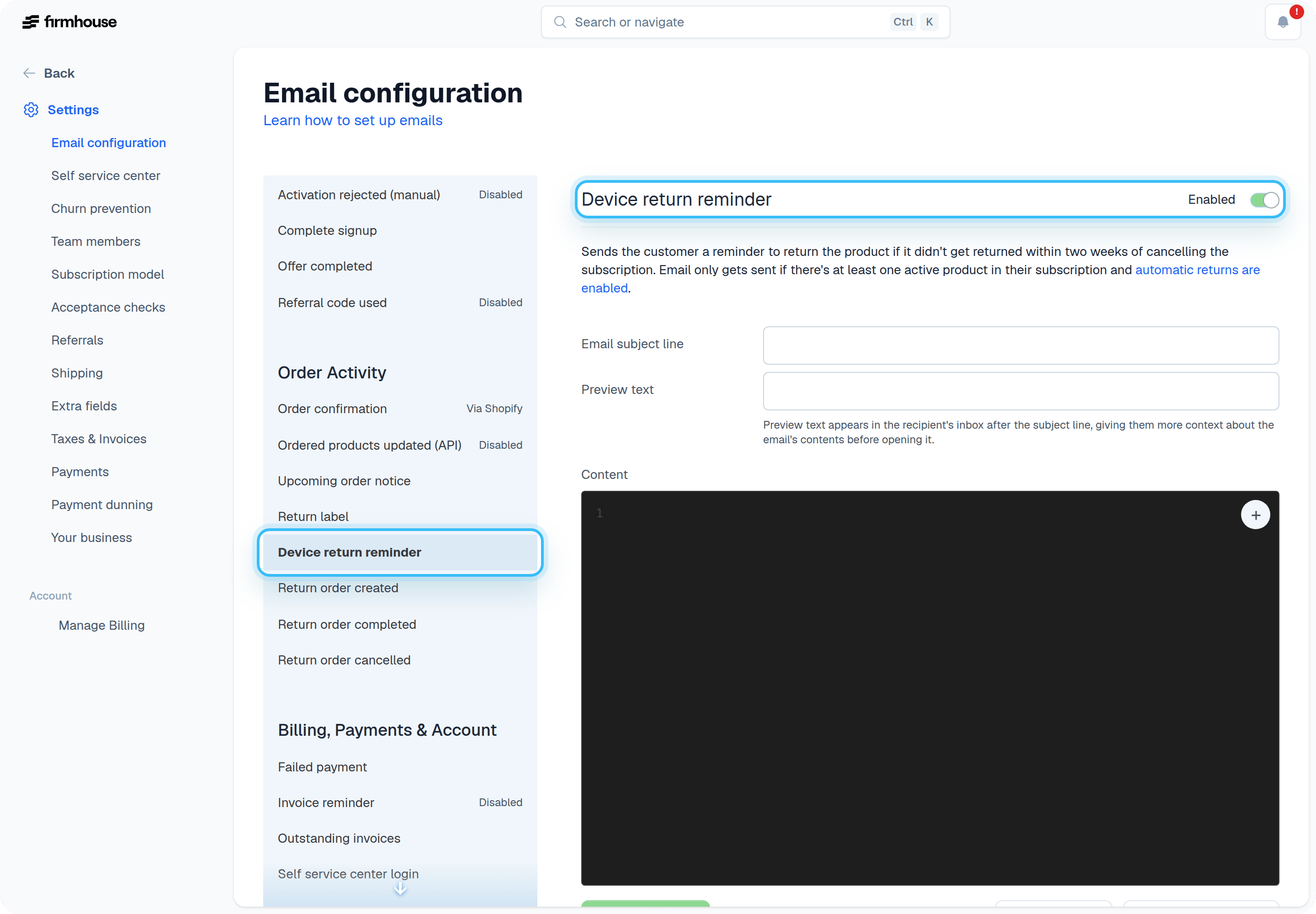 Device return reminder settings