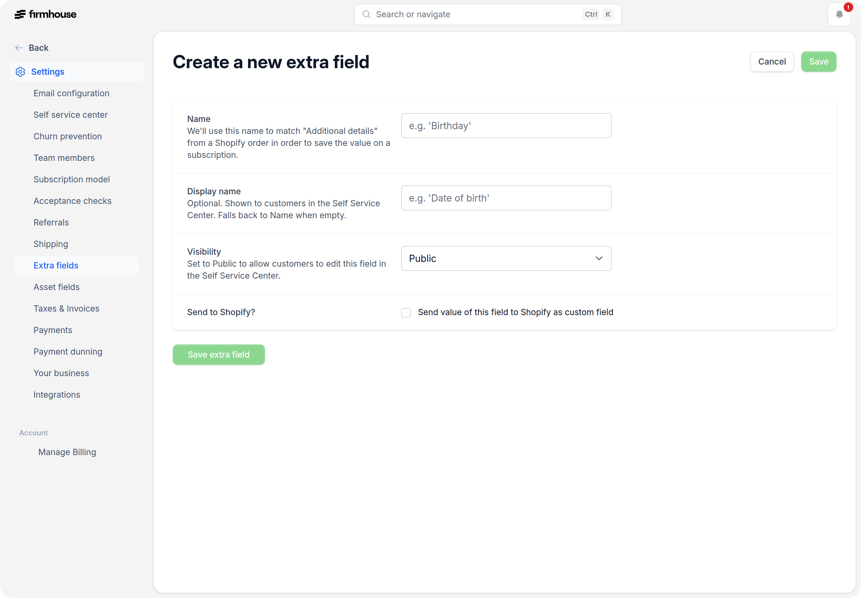 Extra field configuration form