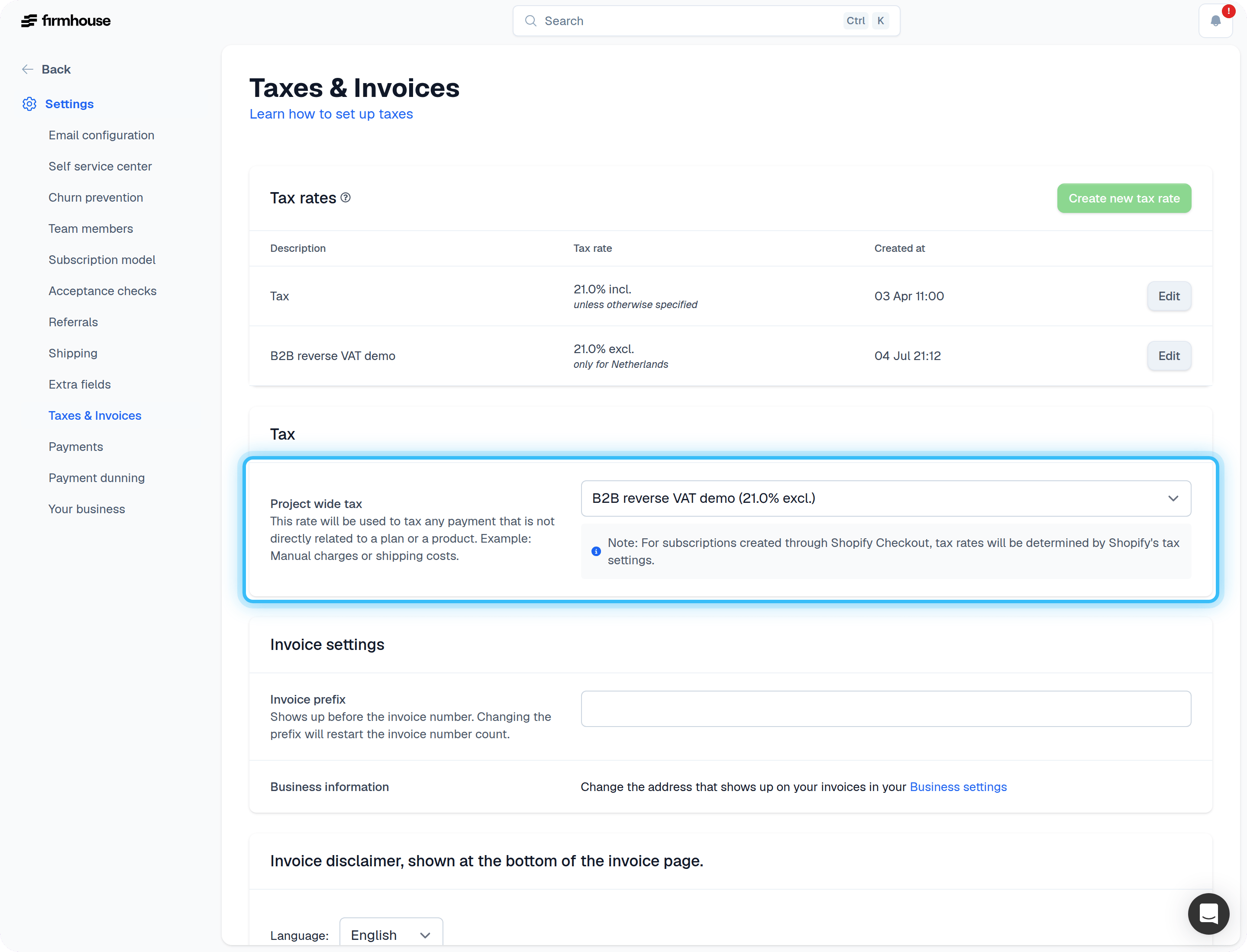 Default Tax Rate Setting