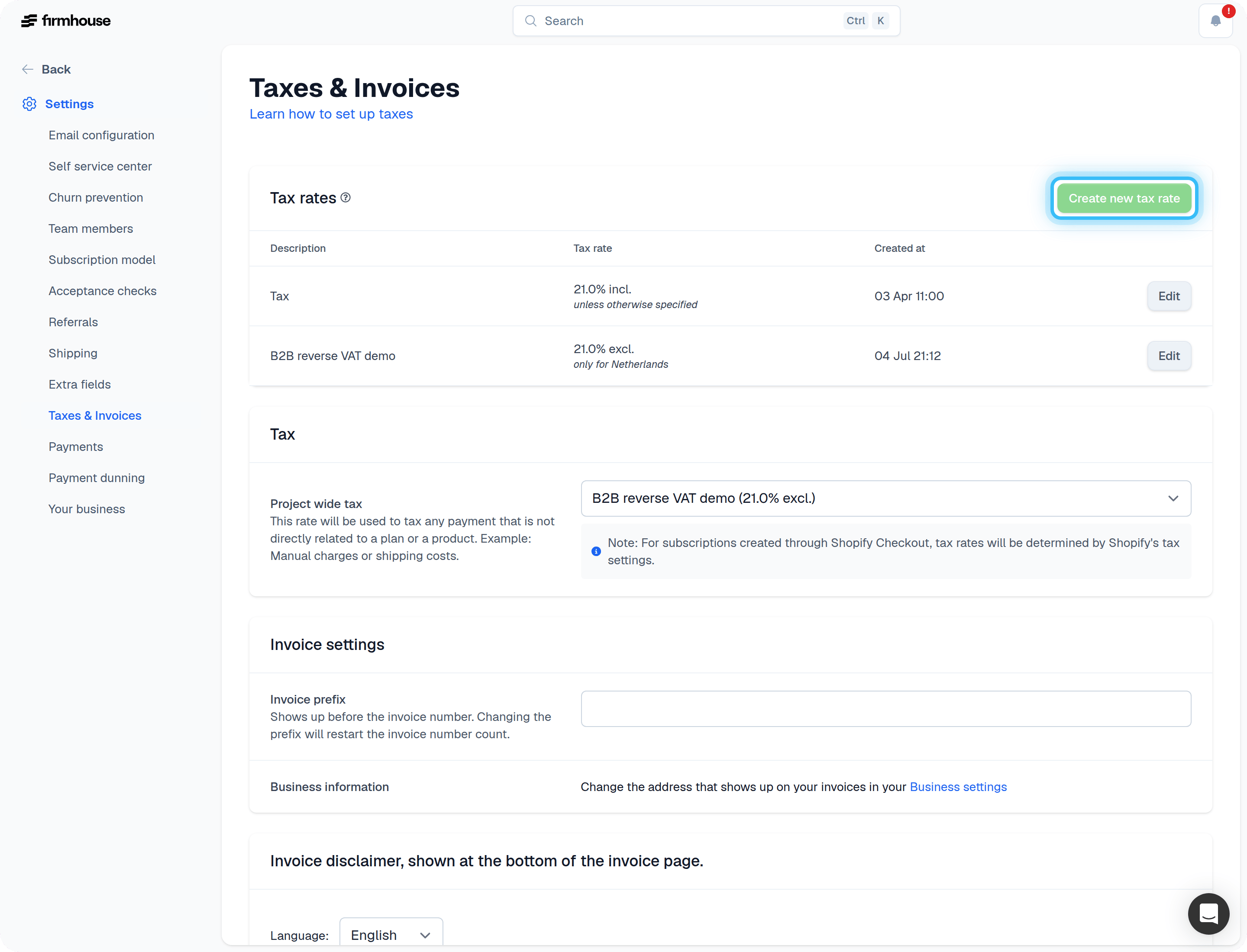 Tax Rates Settings