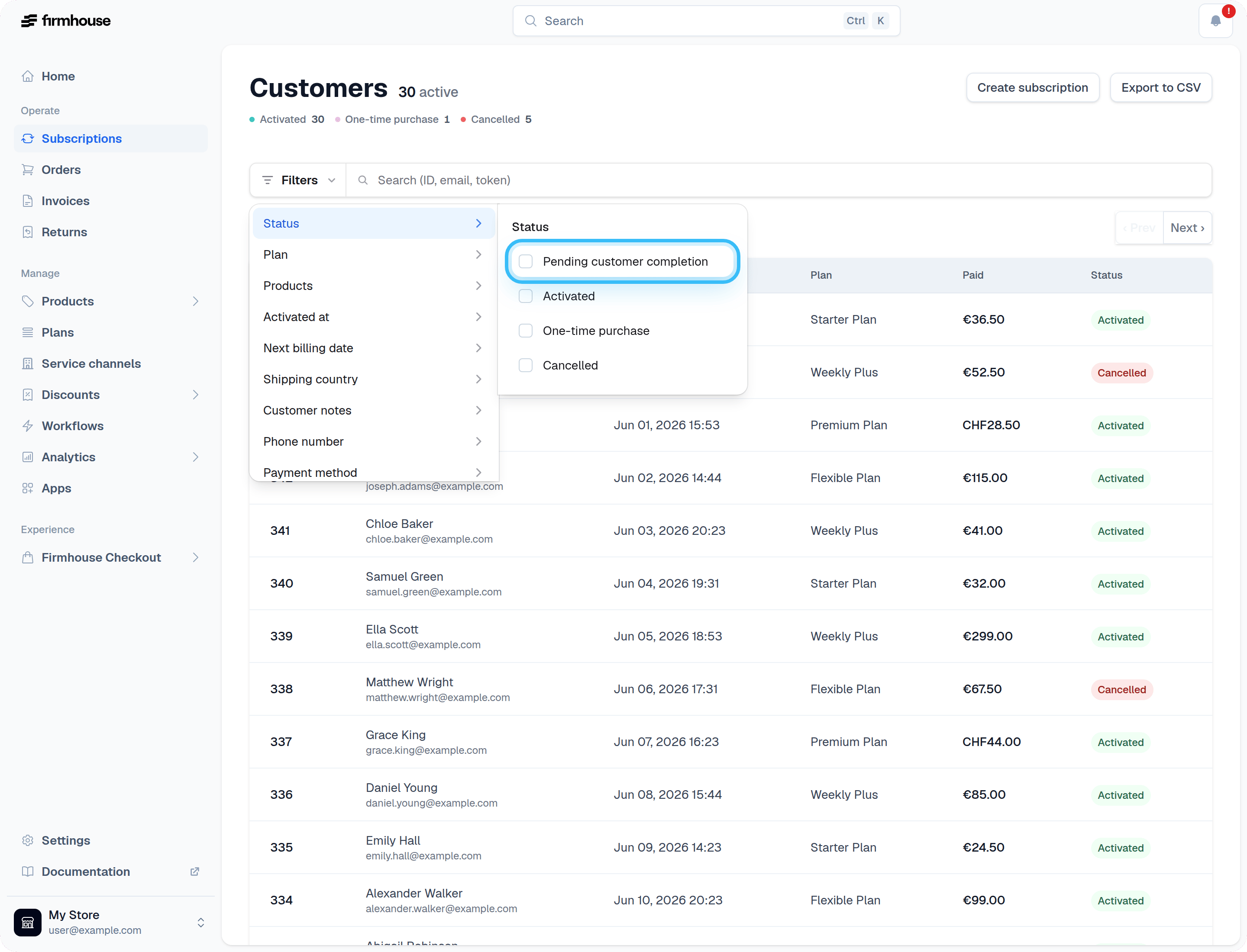 Pending Customer Completion Filter