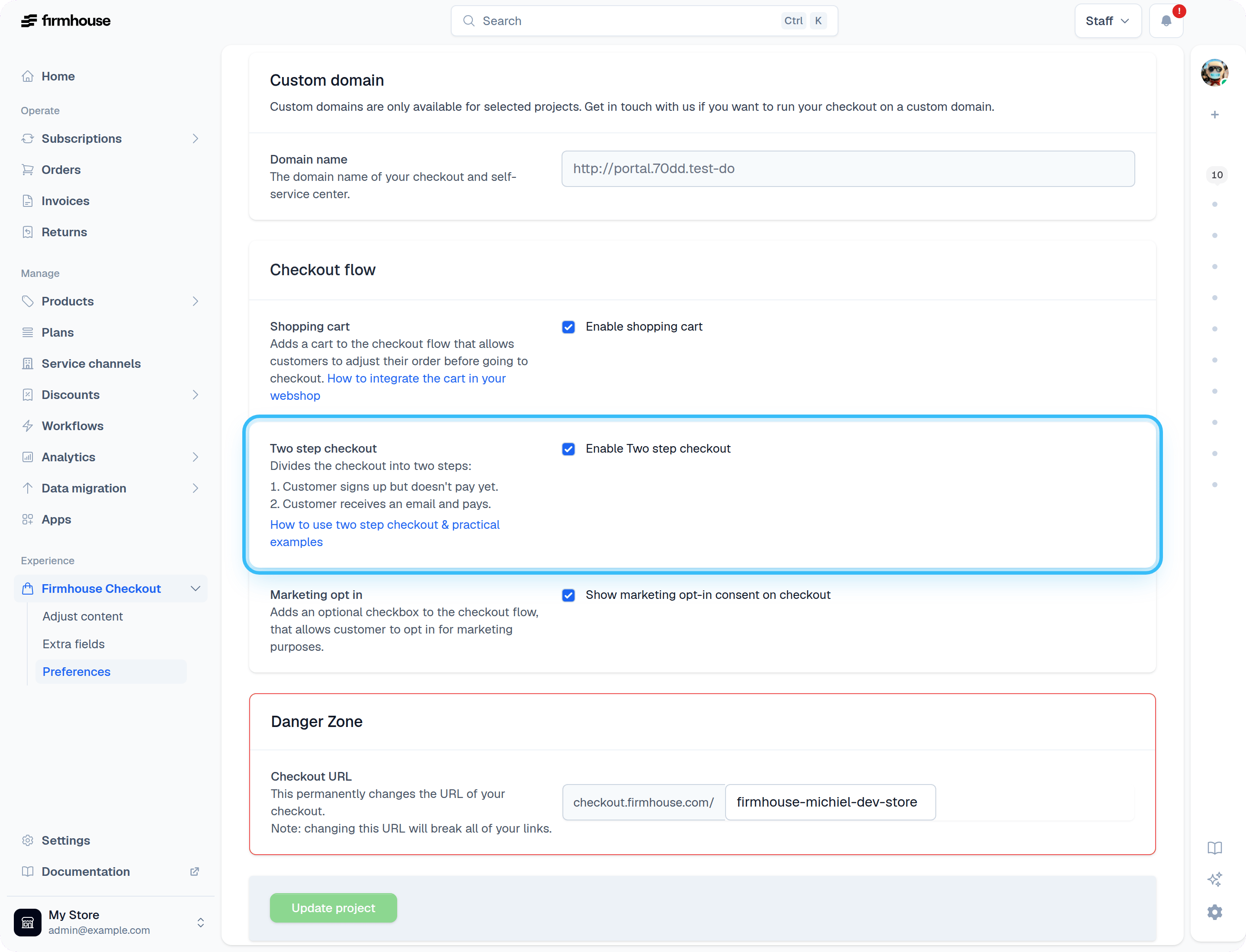 Two Step Checkout Settings