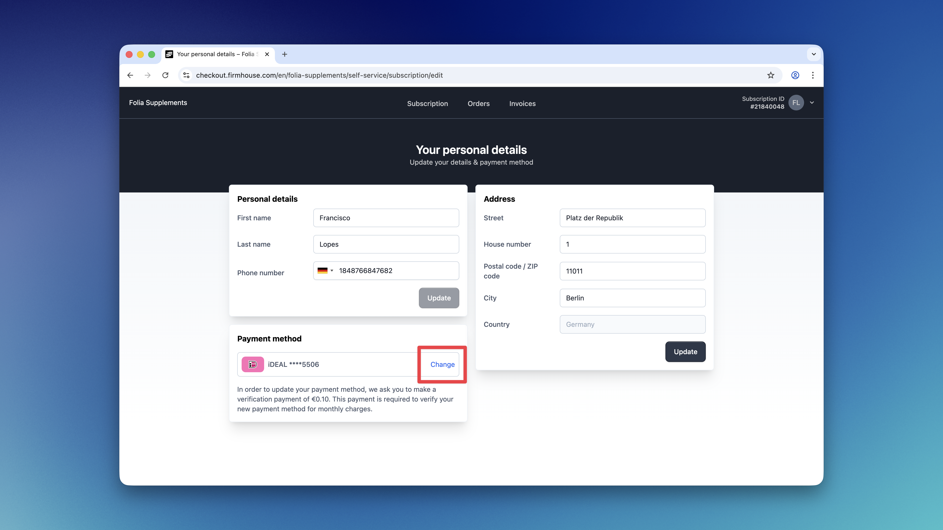 Payment Change Button
