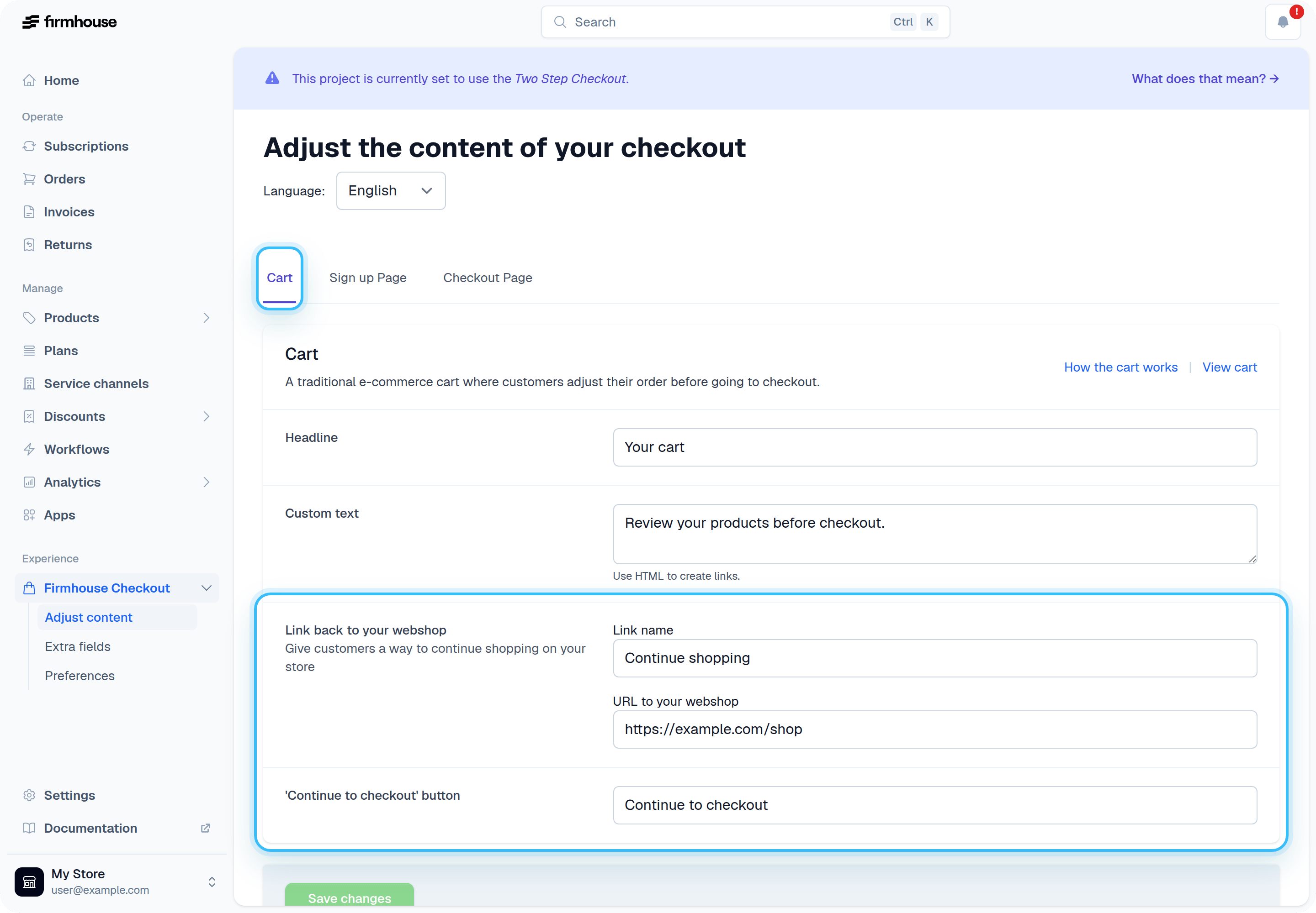 Cart content configuration