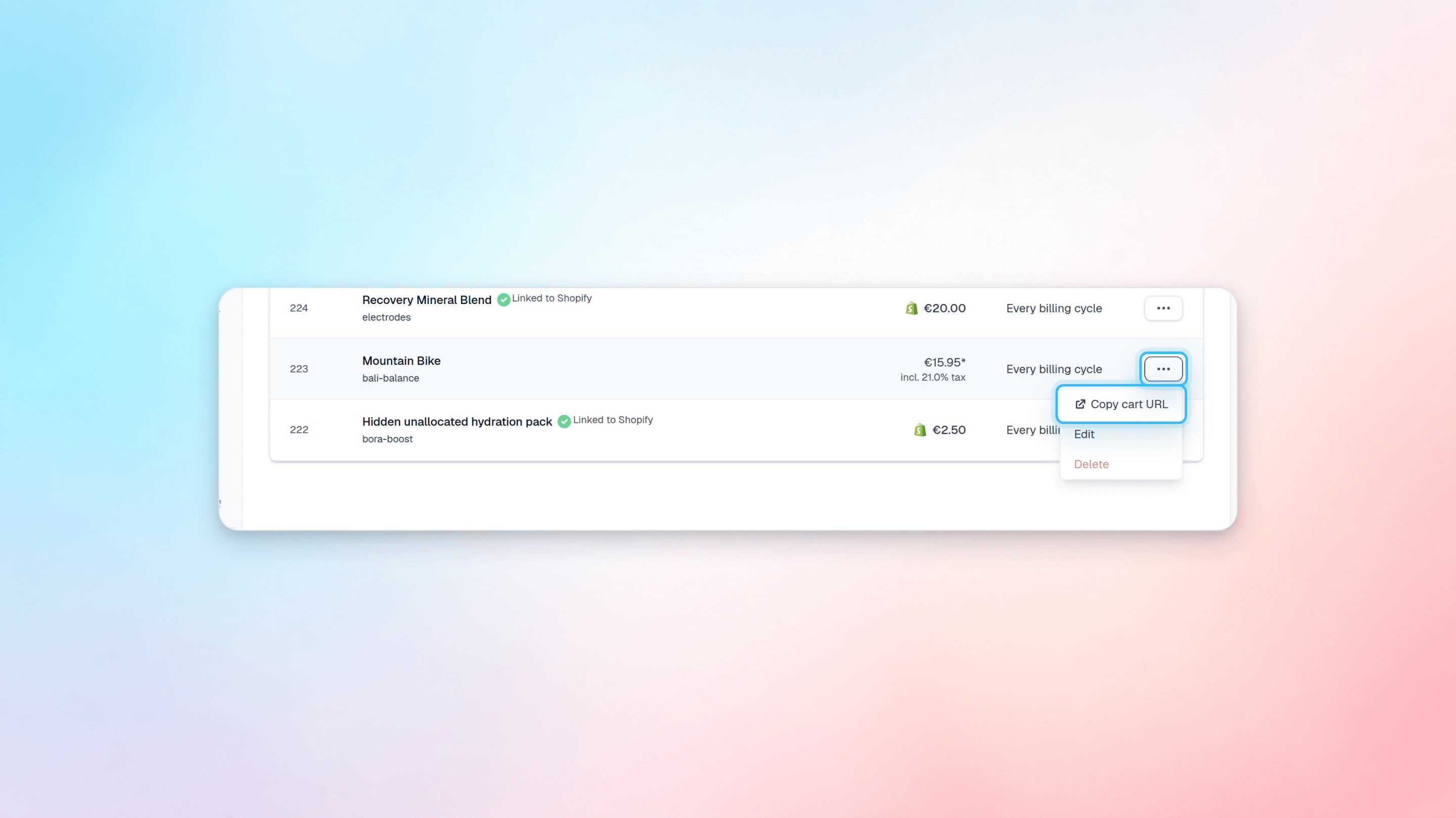 Copy cart URL from product menu