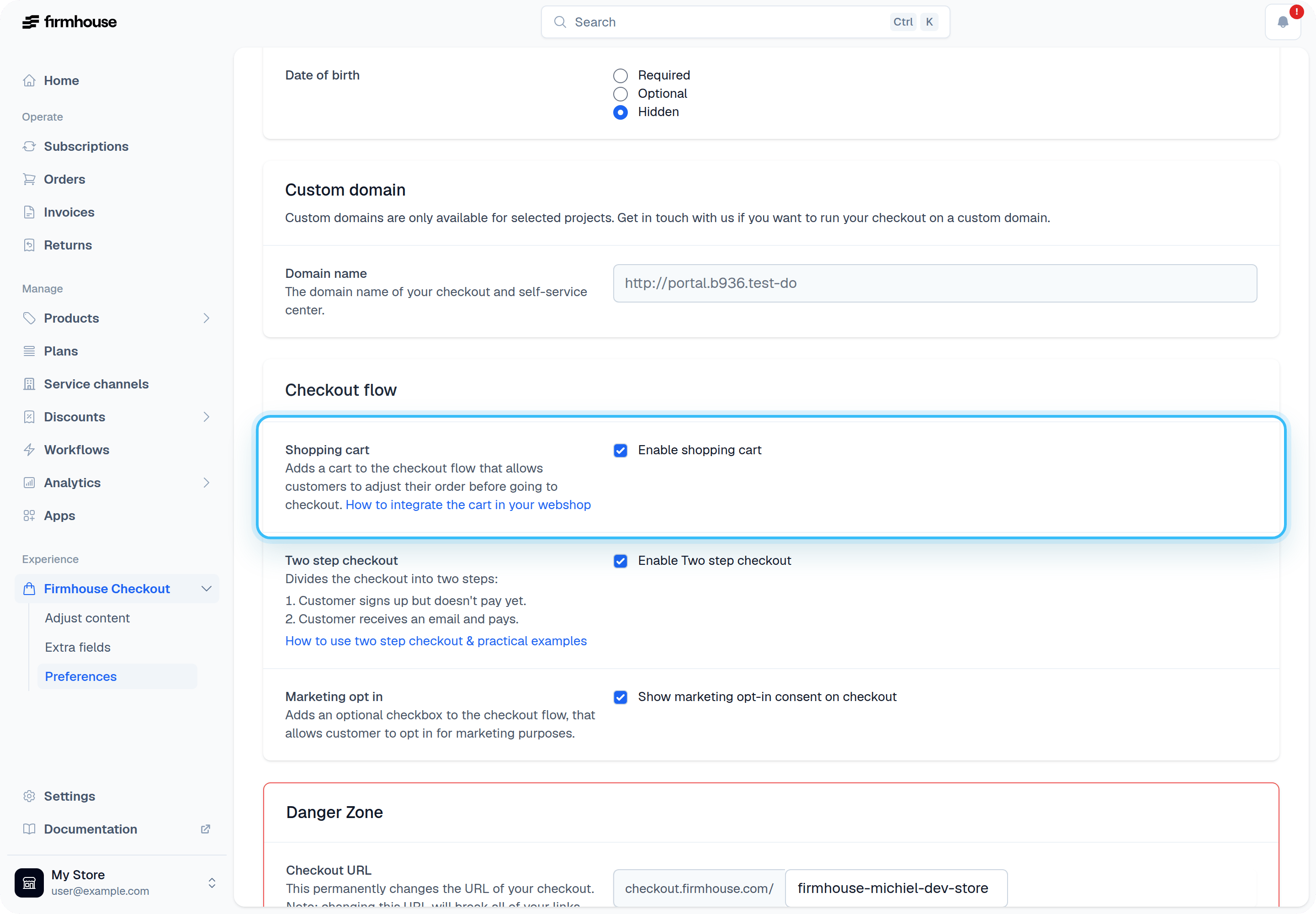 Enable shopping cart setting