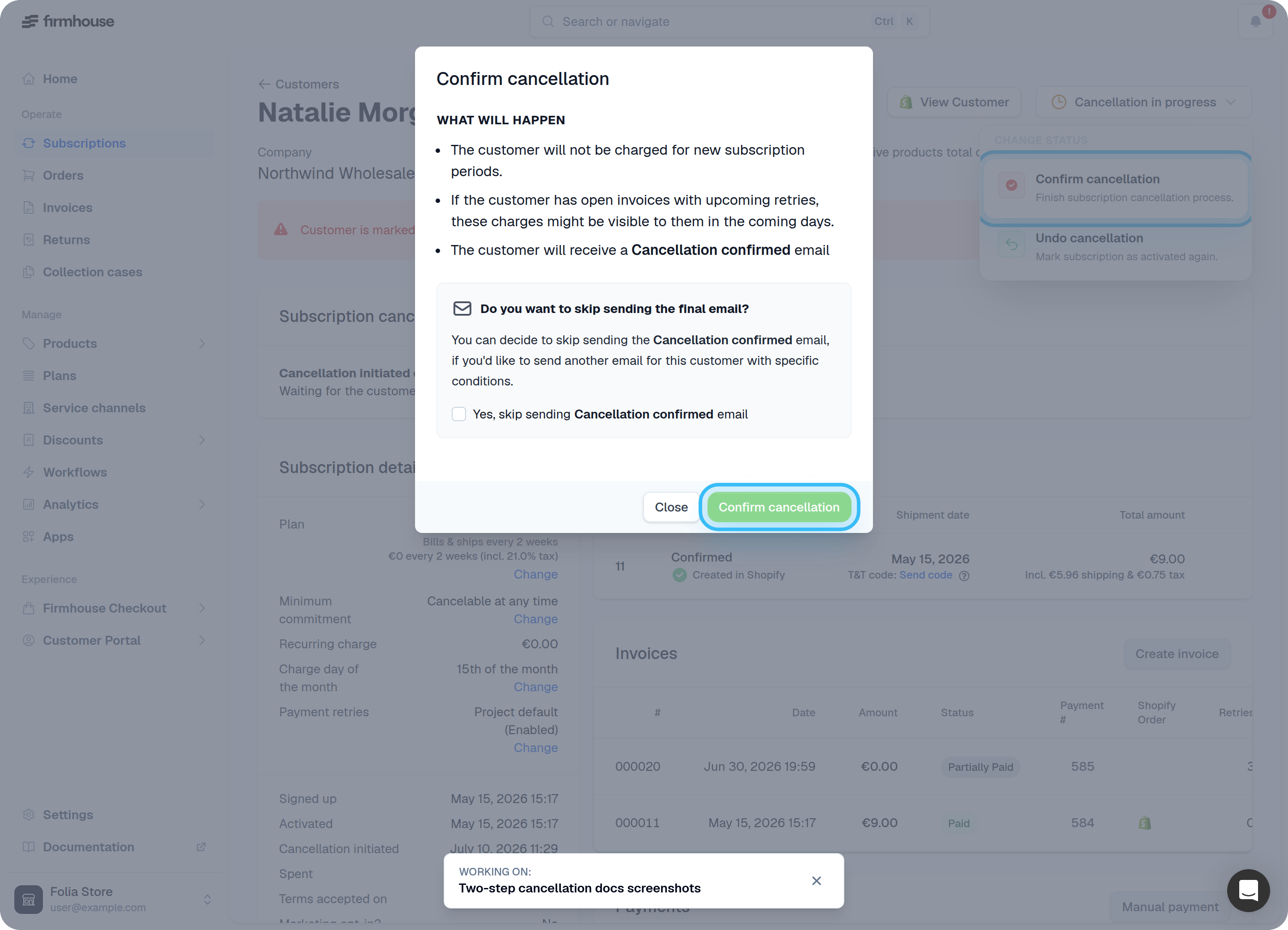 Confirm cancellation action