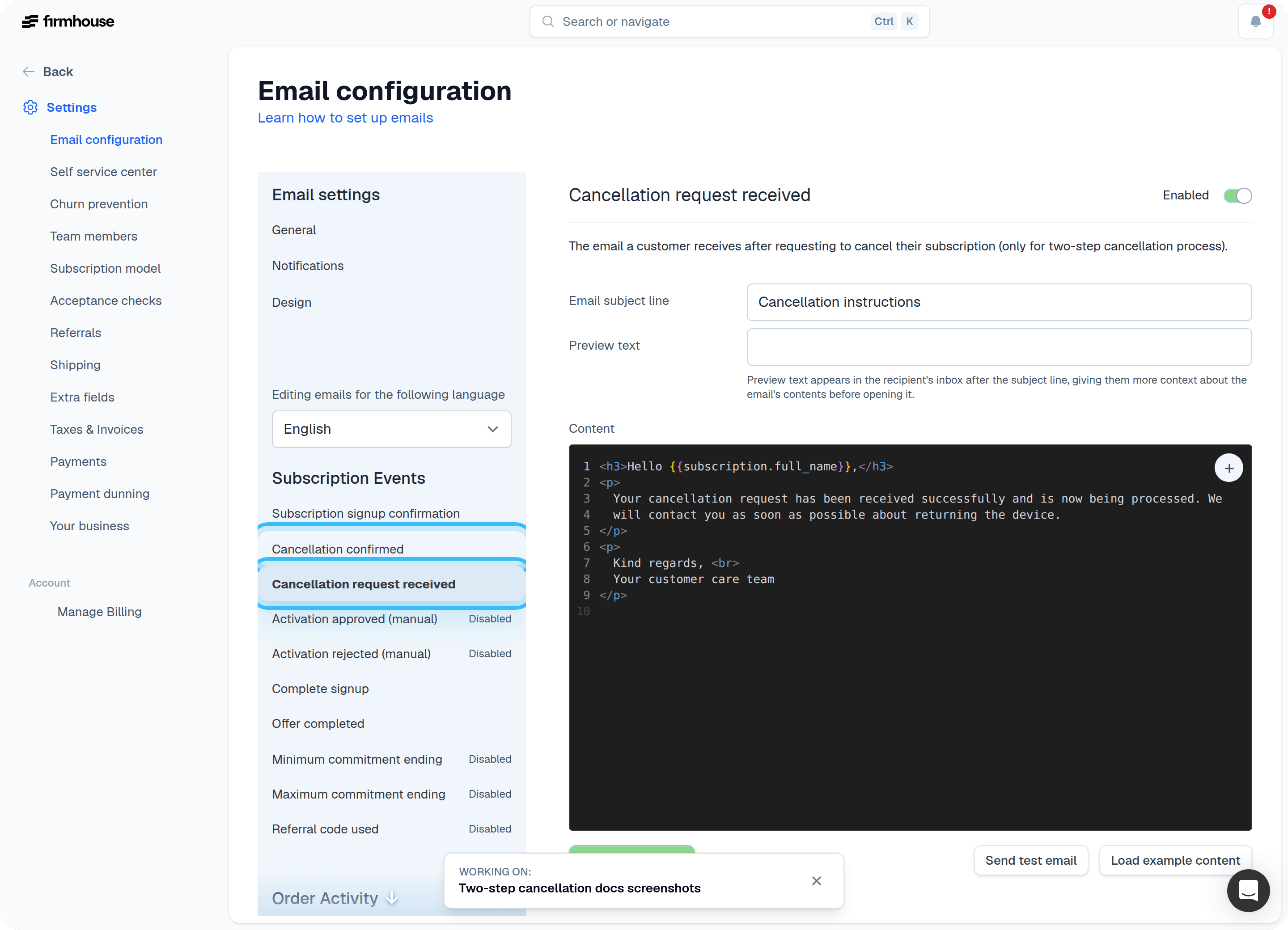 Cancellation email configuration