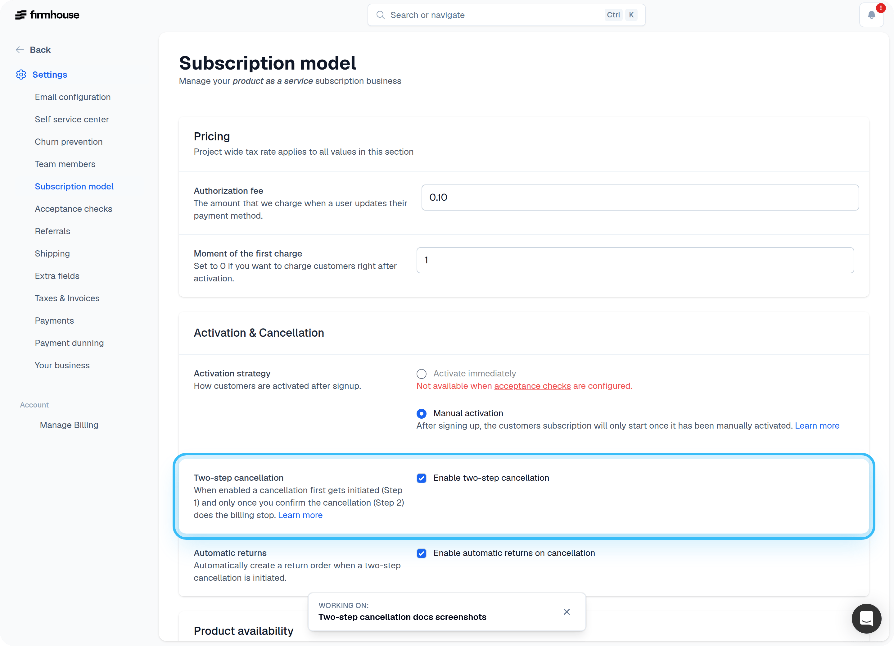 Two-step cancellation setting