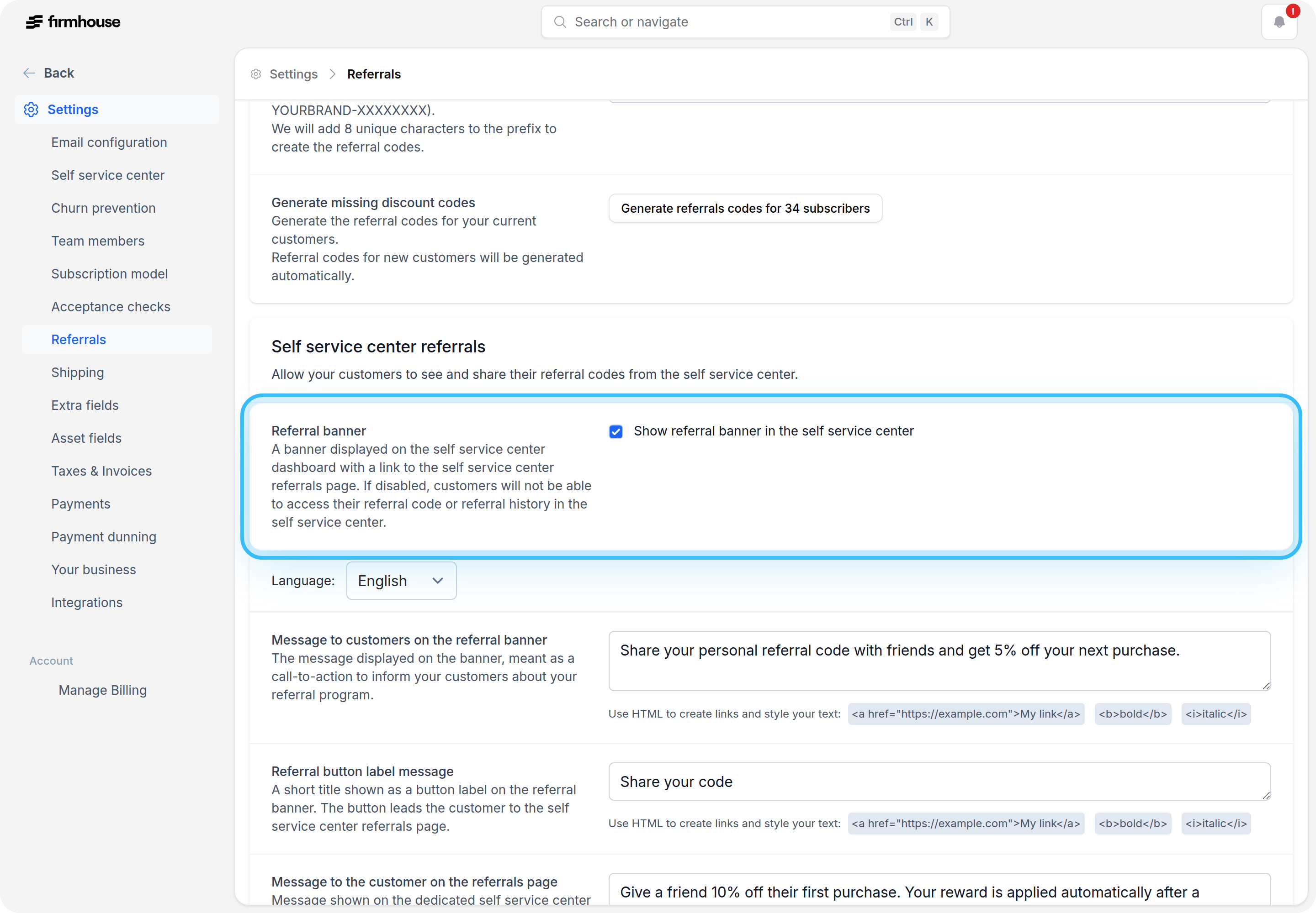 Referral Banner Settings