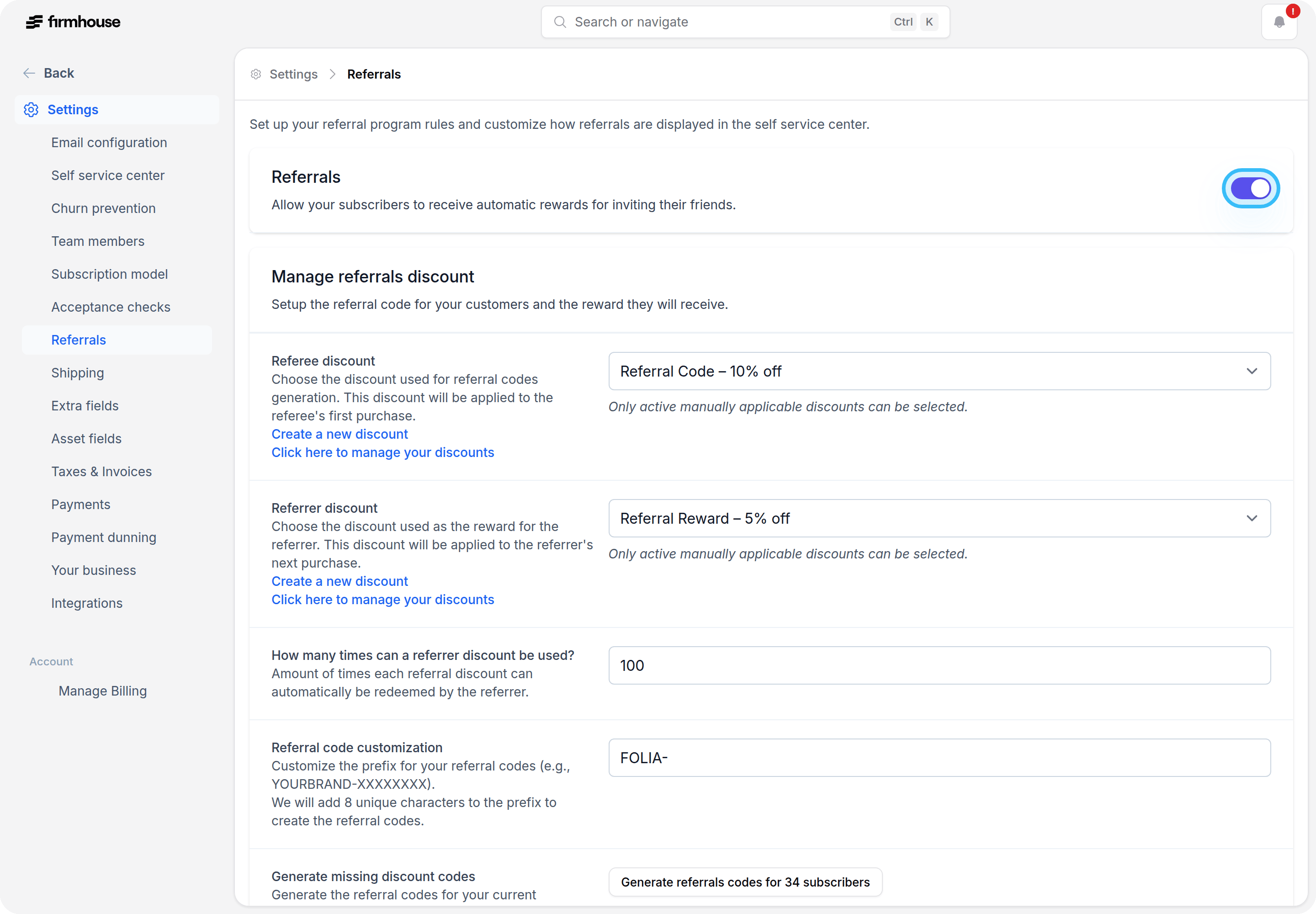 Referrals Settings Toggle
