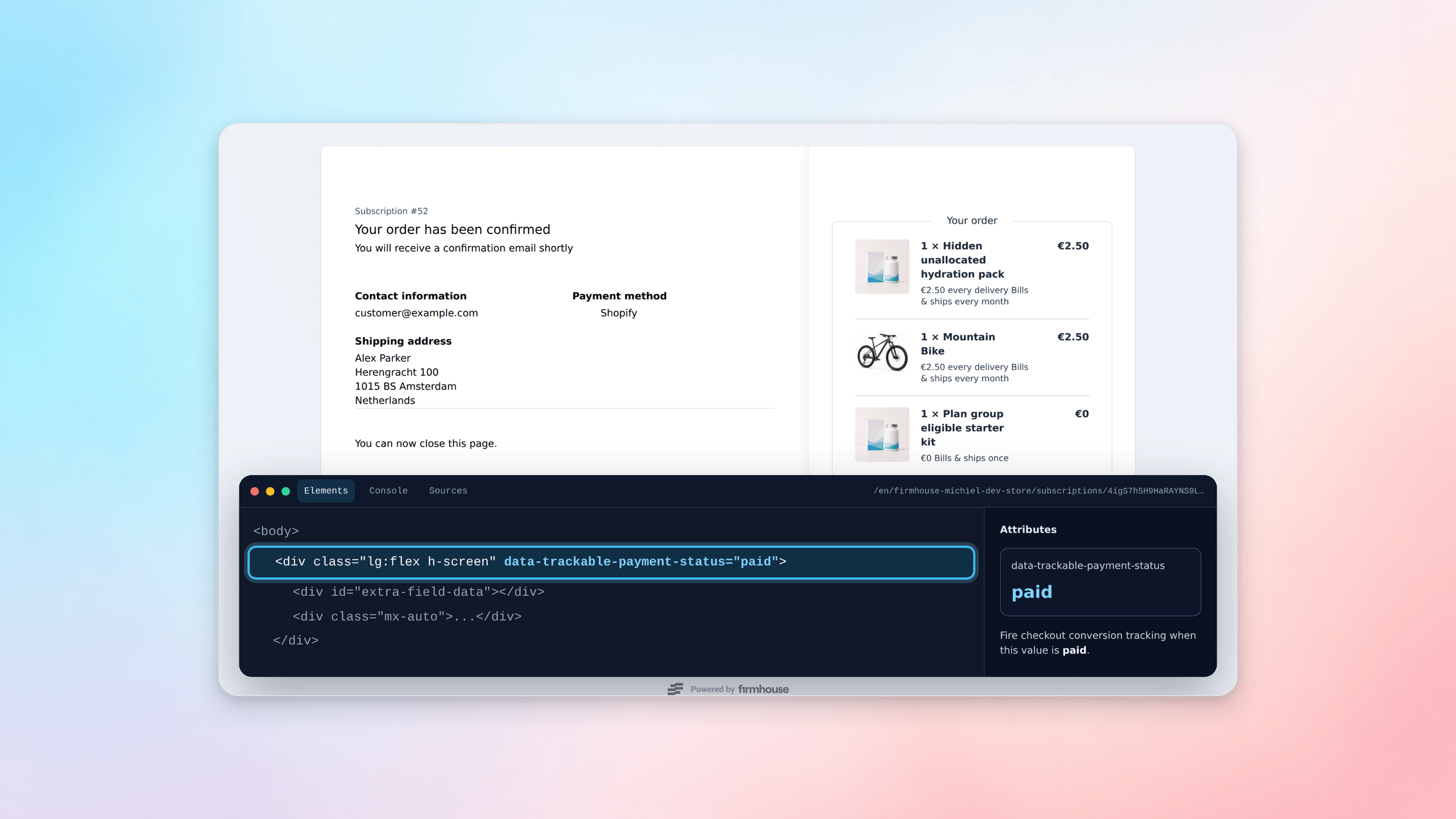 Browser inspector showing data-trackable-payment-status attribute