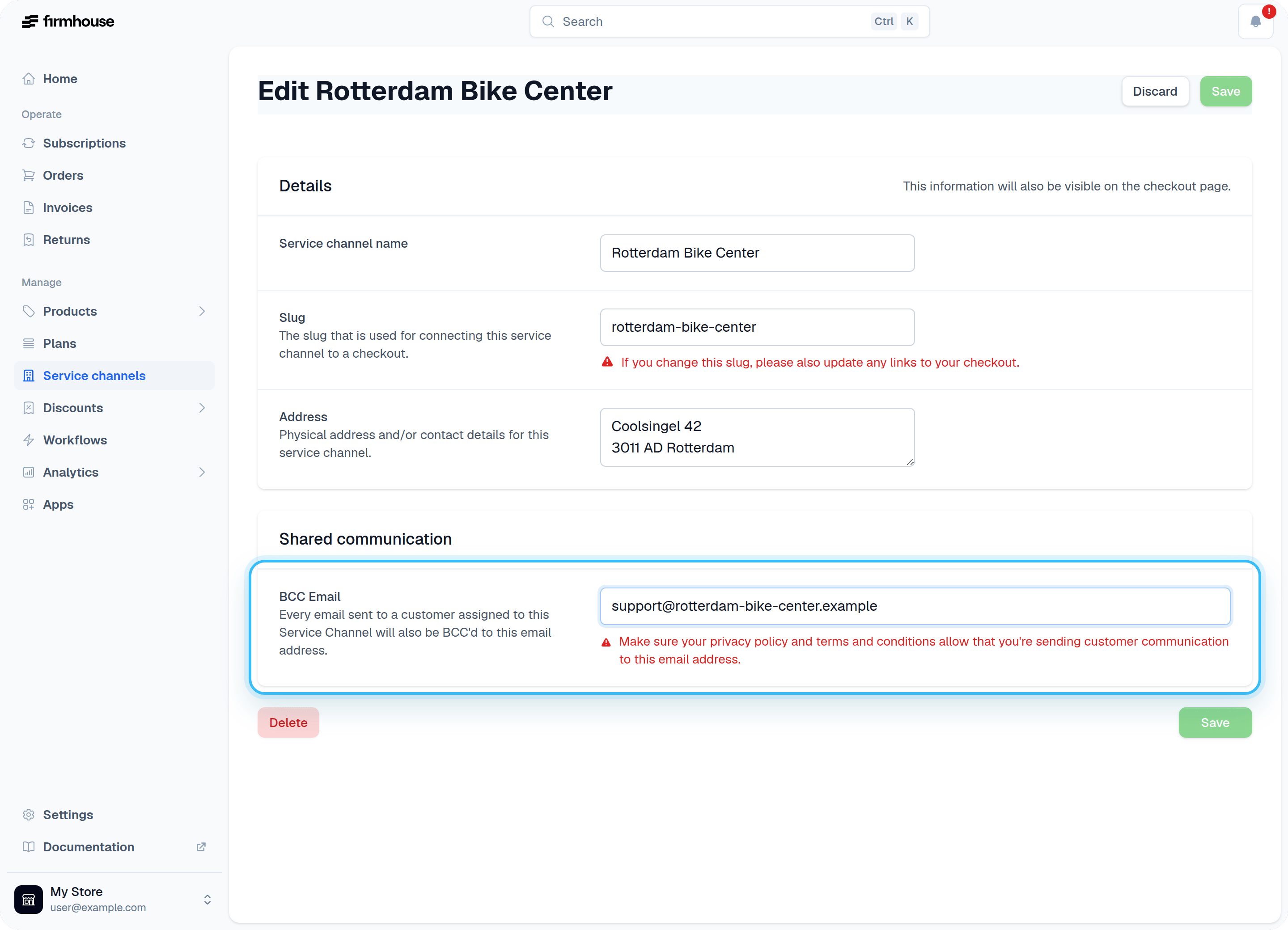 Service Channel BCC email field