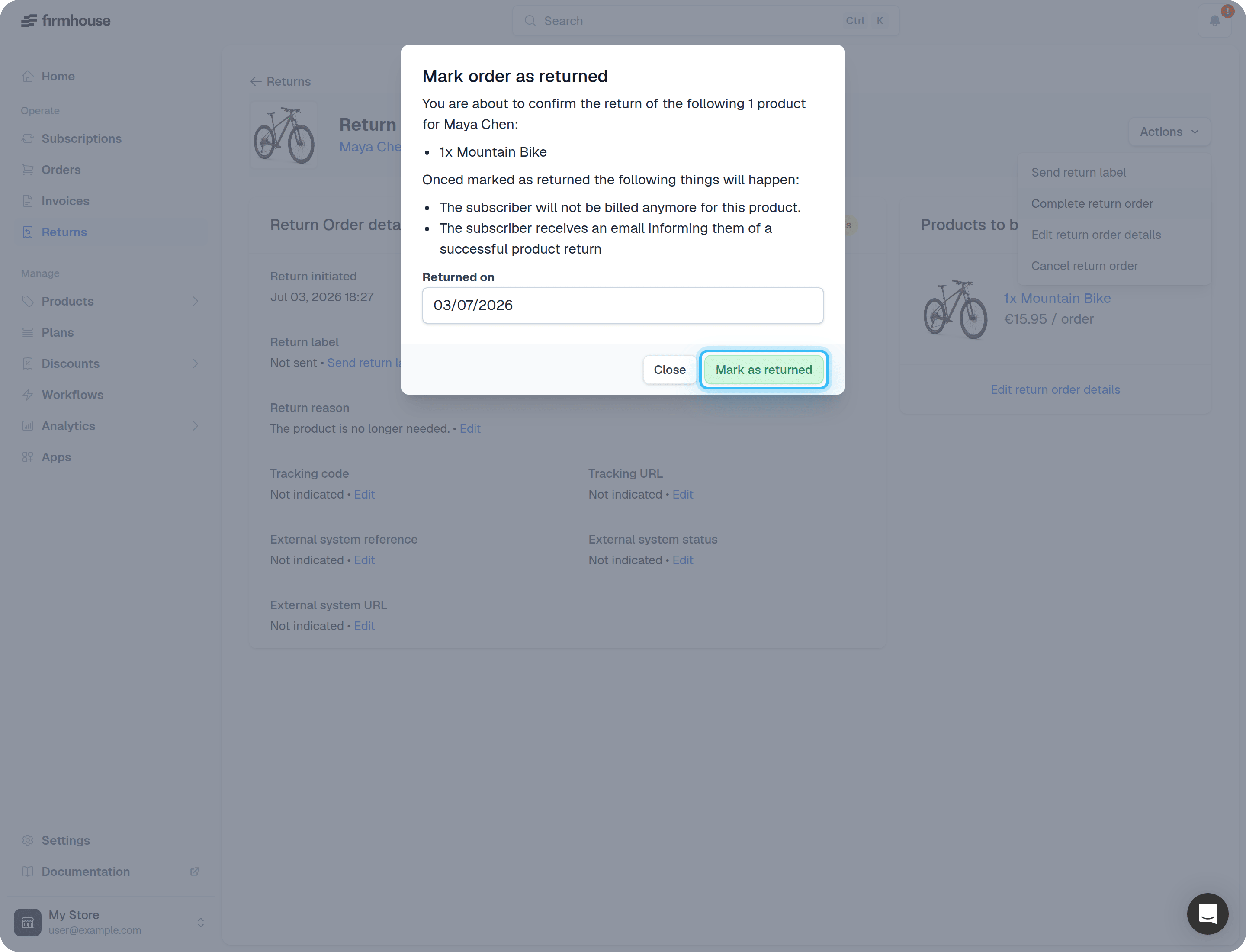 Mark order as returned dialog