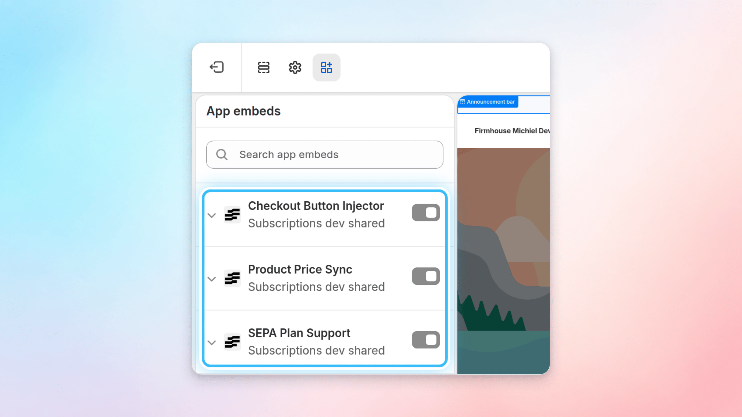 Firmhouse Shopify app embeds in the theme editor