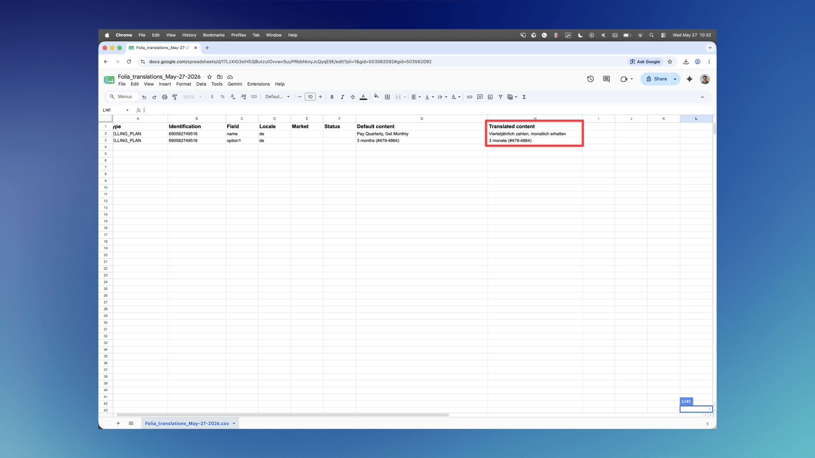 CSV file with translated content column