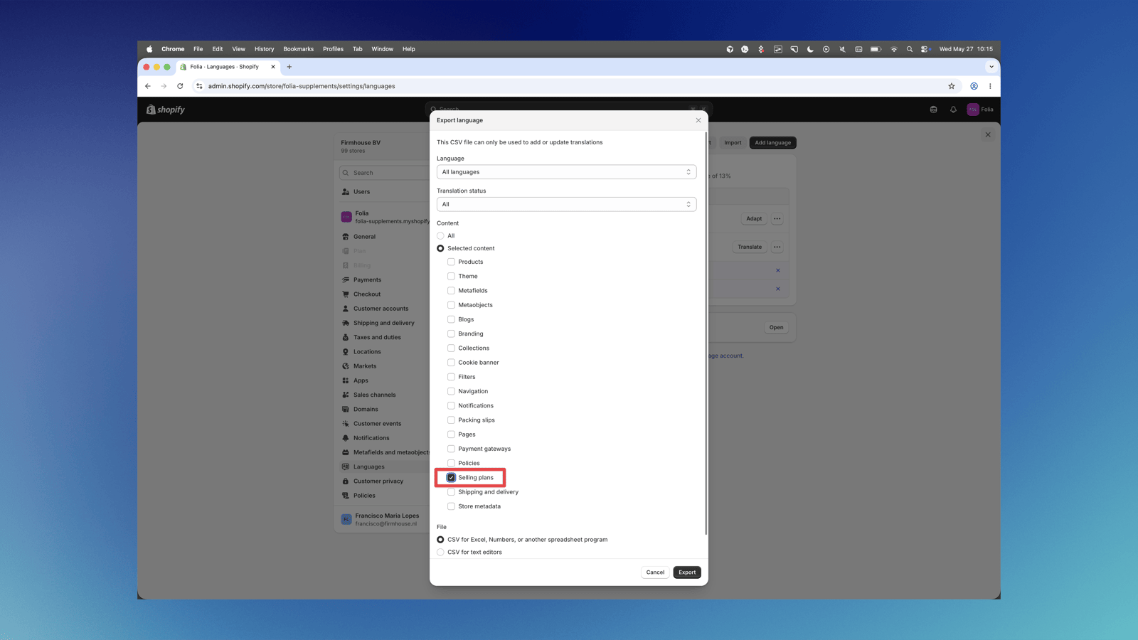 Export language popup with Selling plans selected