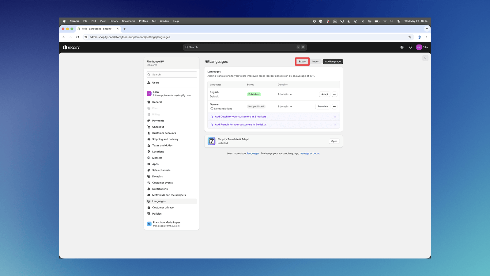 Shopify Languages settings with Export button