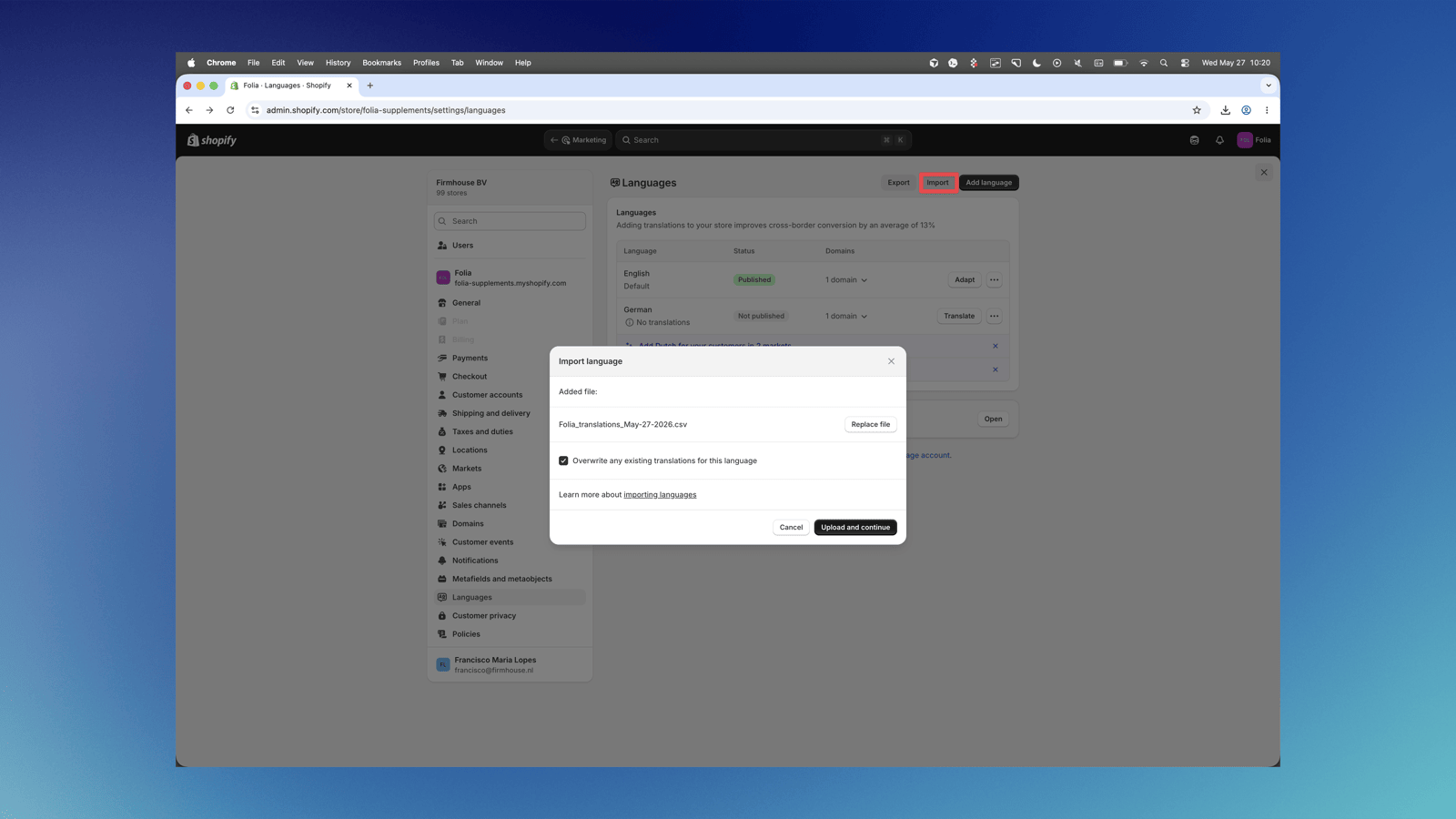 Shopify Languages import button