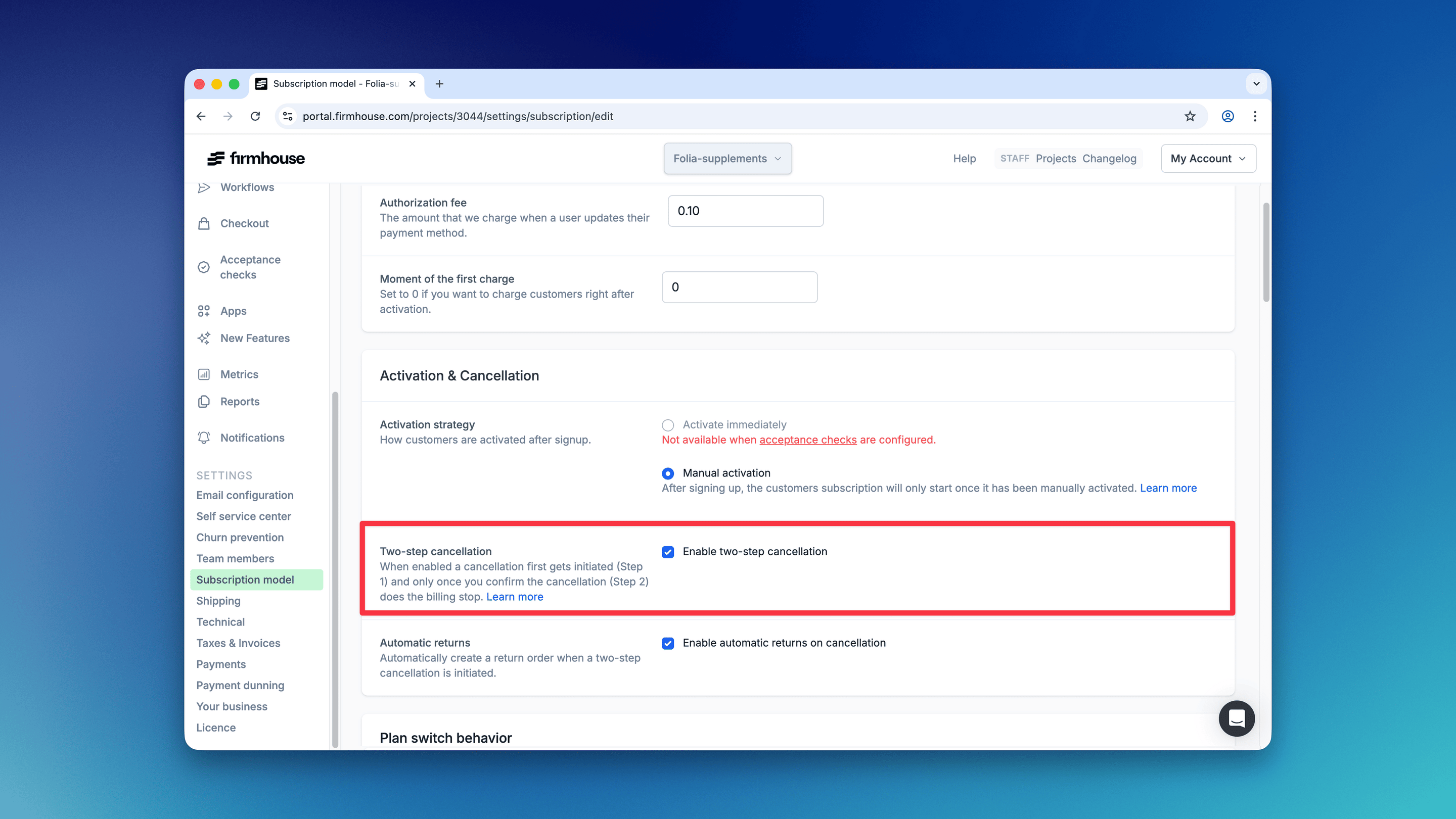 Two Step Cancelation Setting